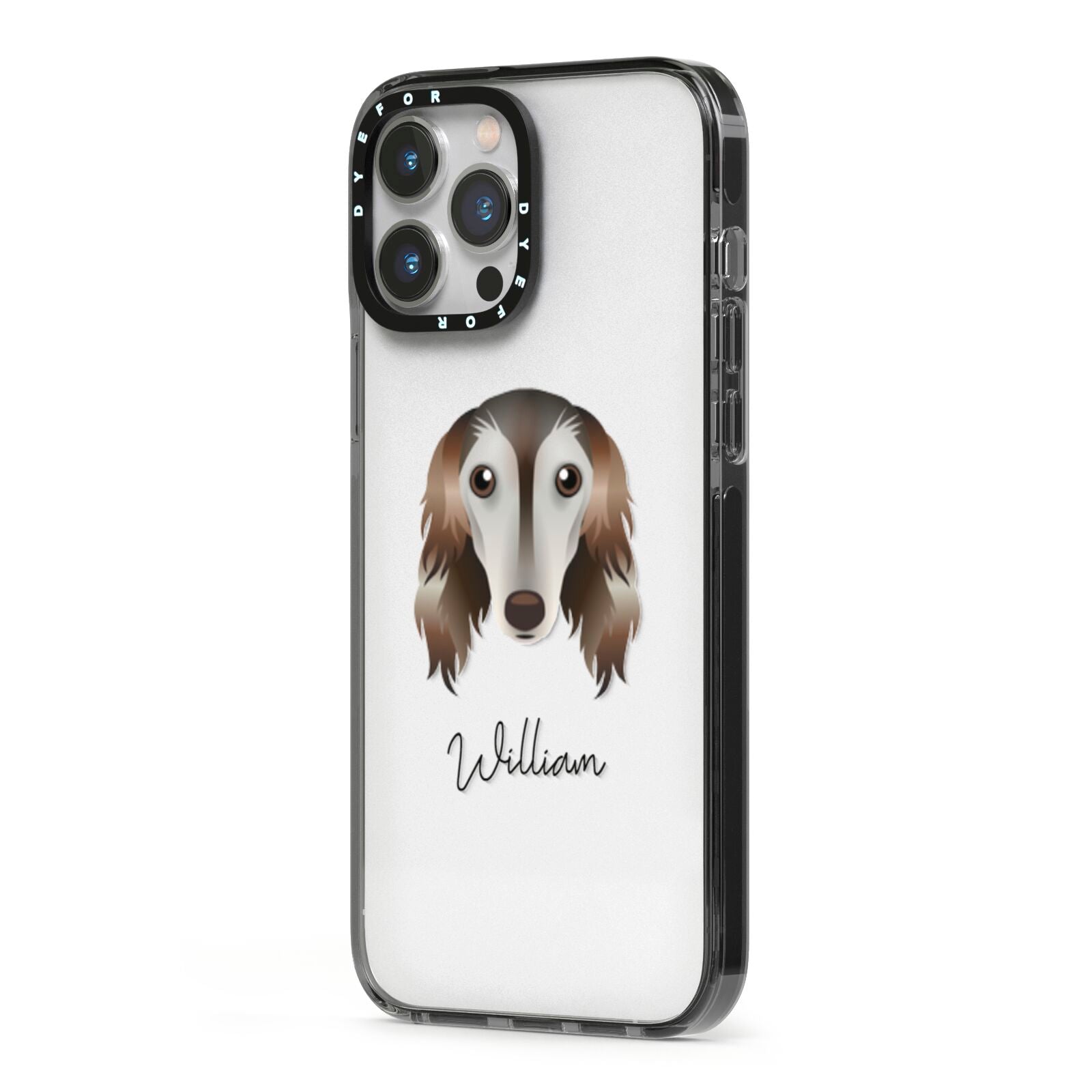 Saluki Personalised iPhone 13 Pro Max Black Impact Case Side Angle on Silver phone