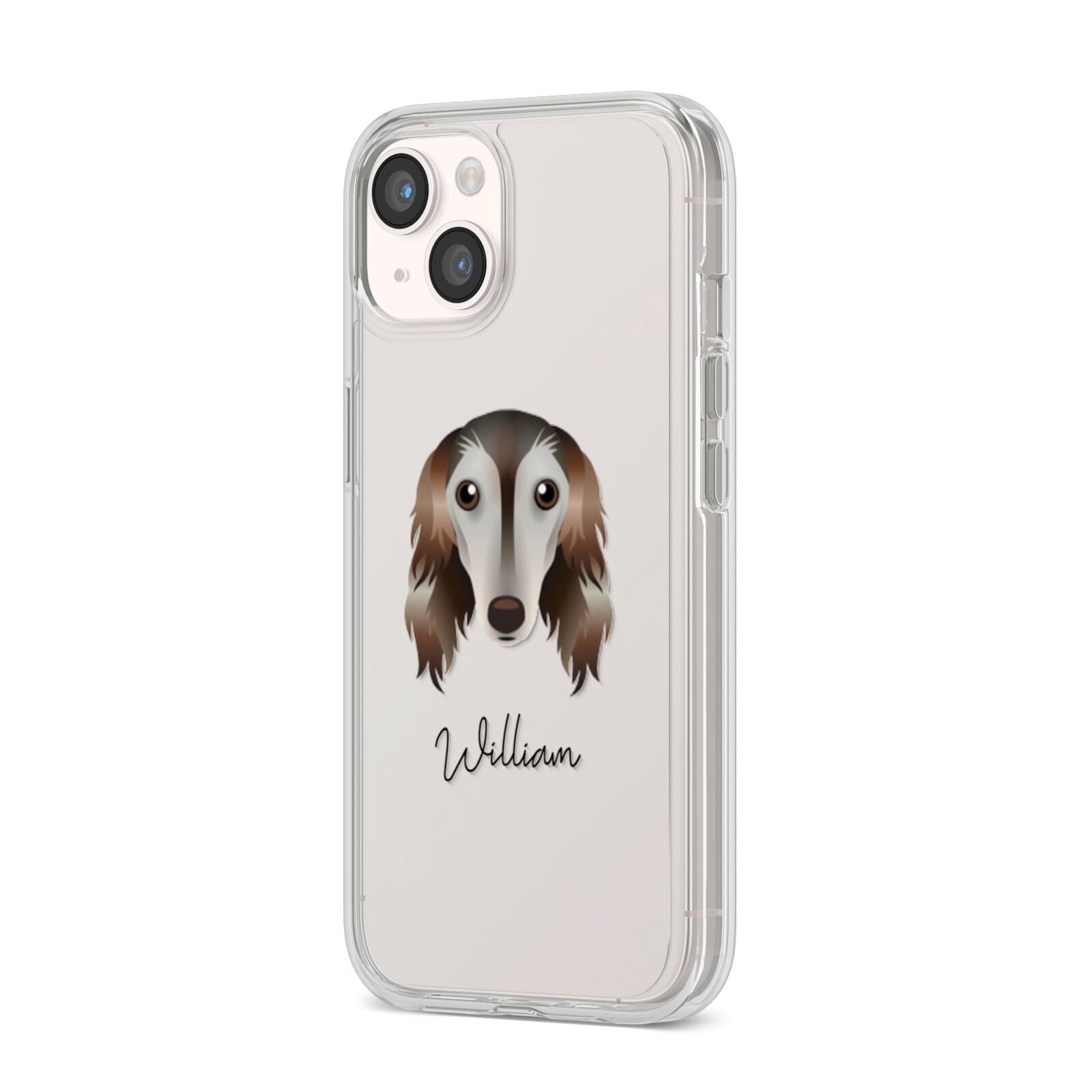 Saluki Personalised iPhone 14 Clear Tough Case Starlight Angled Image