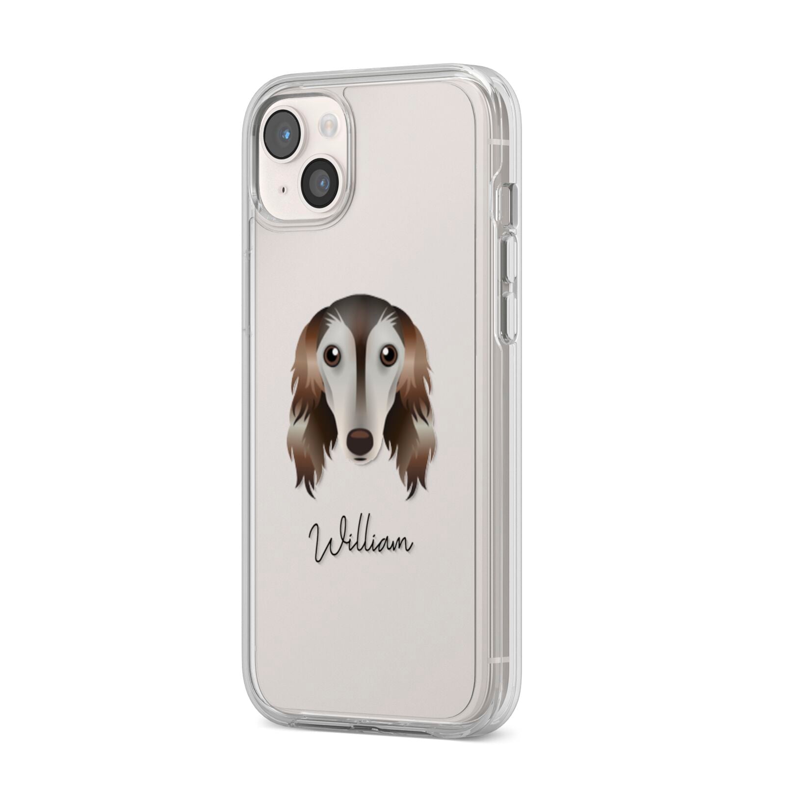Saluki Personalised iPhone 14 Plus Clear Tough Case Starlight Angled Image