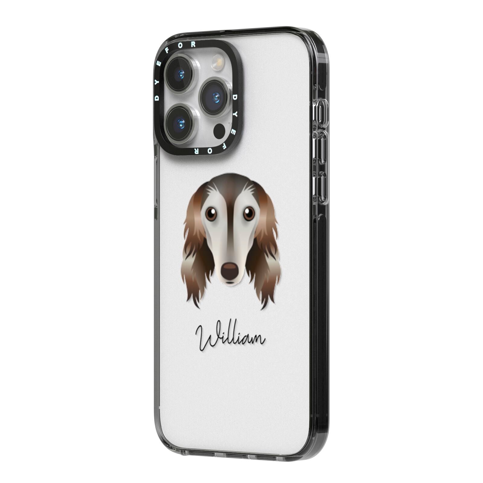 Saluki Personalised iPhone 14 Pro Max Black Impact Case Side Angle on Silver phone
