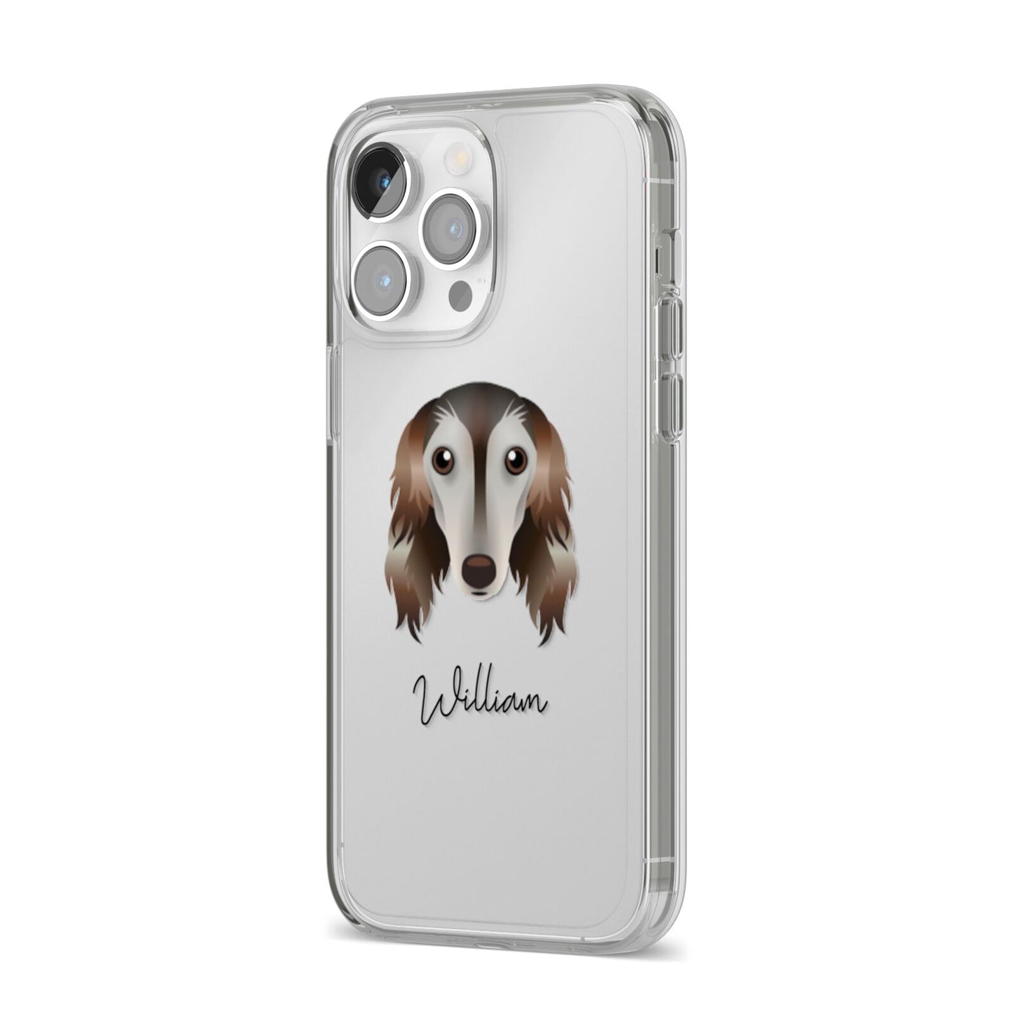 Saluki Personalised iPhone 14 Pro Max Clear Tough Case Silver Angled Image