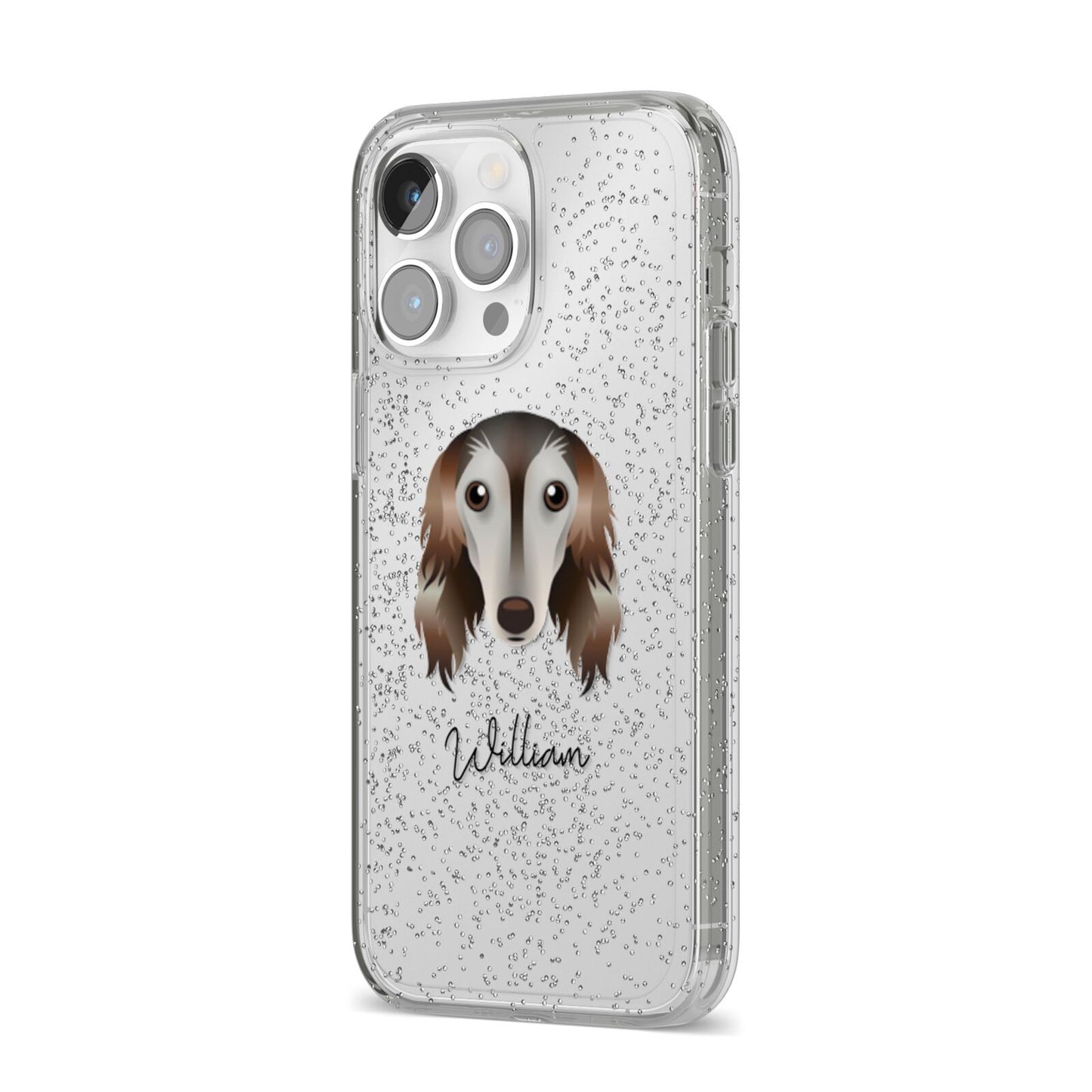 Saluki Personalised iPhone 14 Pro Max Glitter Tough Case Silver Angled Image