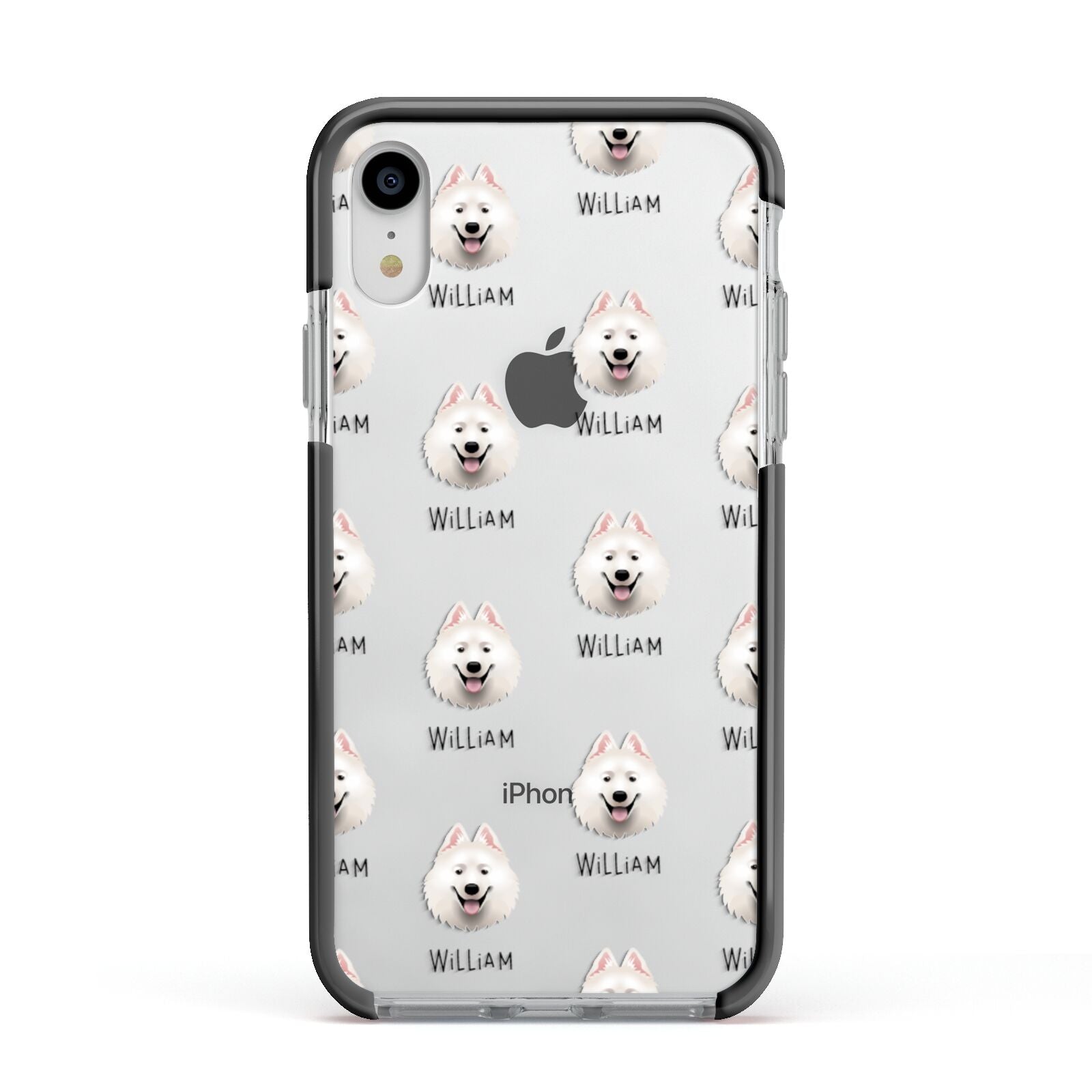 Samoyed Icon with Name Apple iPhone XR Impact Case Black Edge on Silver Phone