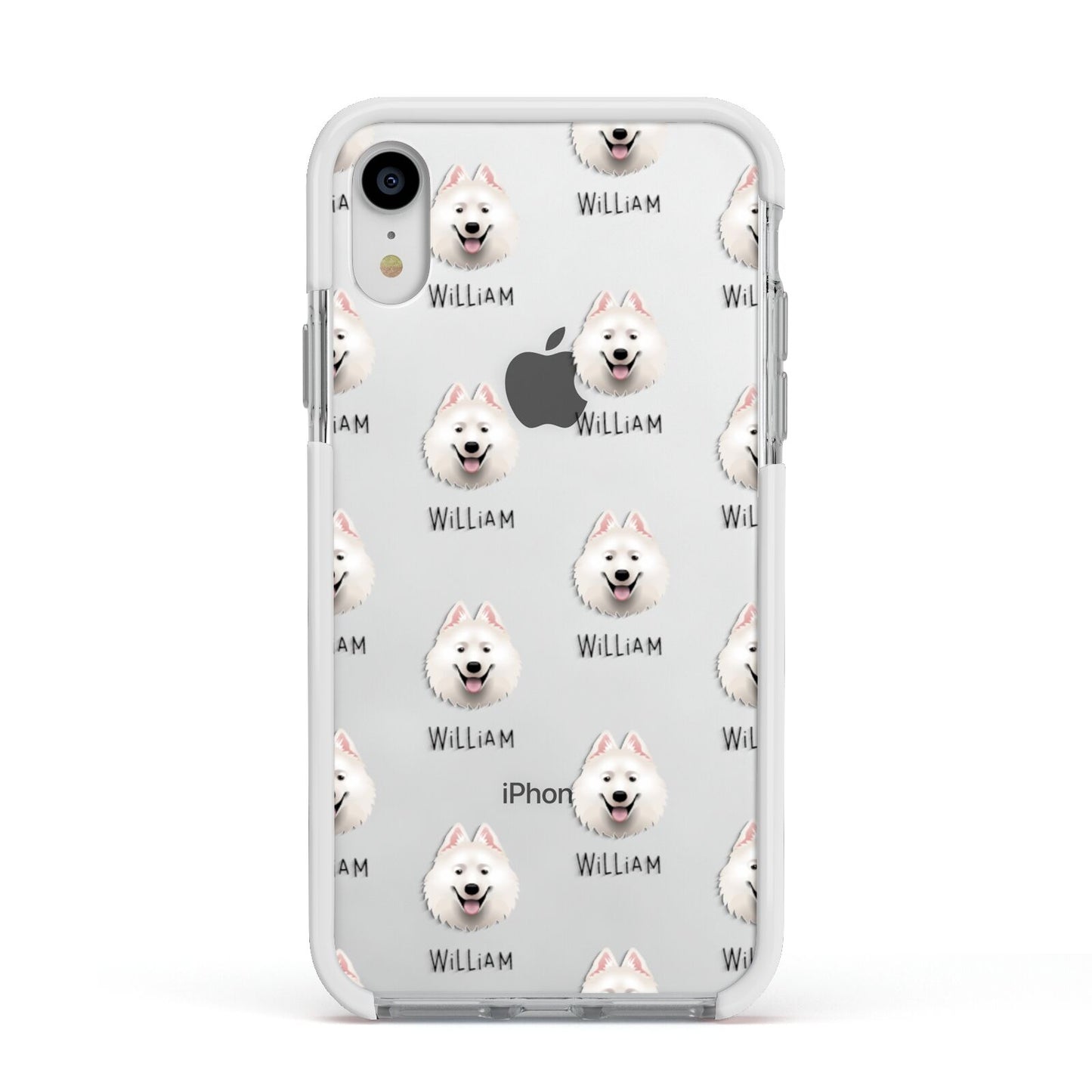 Samoyed Icon with Name Apple iPhone XR Impact Case White Edge on Silver Phone