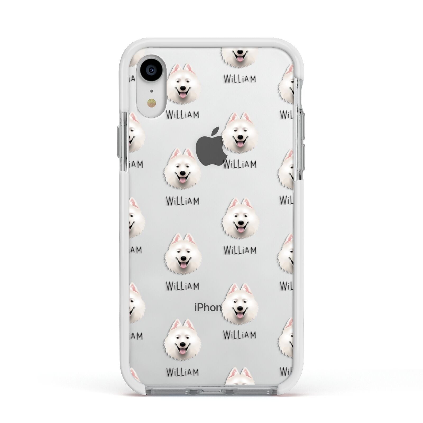 Samoyed Icon with Name Apple iPhone XR Impact Case White Edge on Silver Phone
