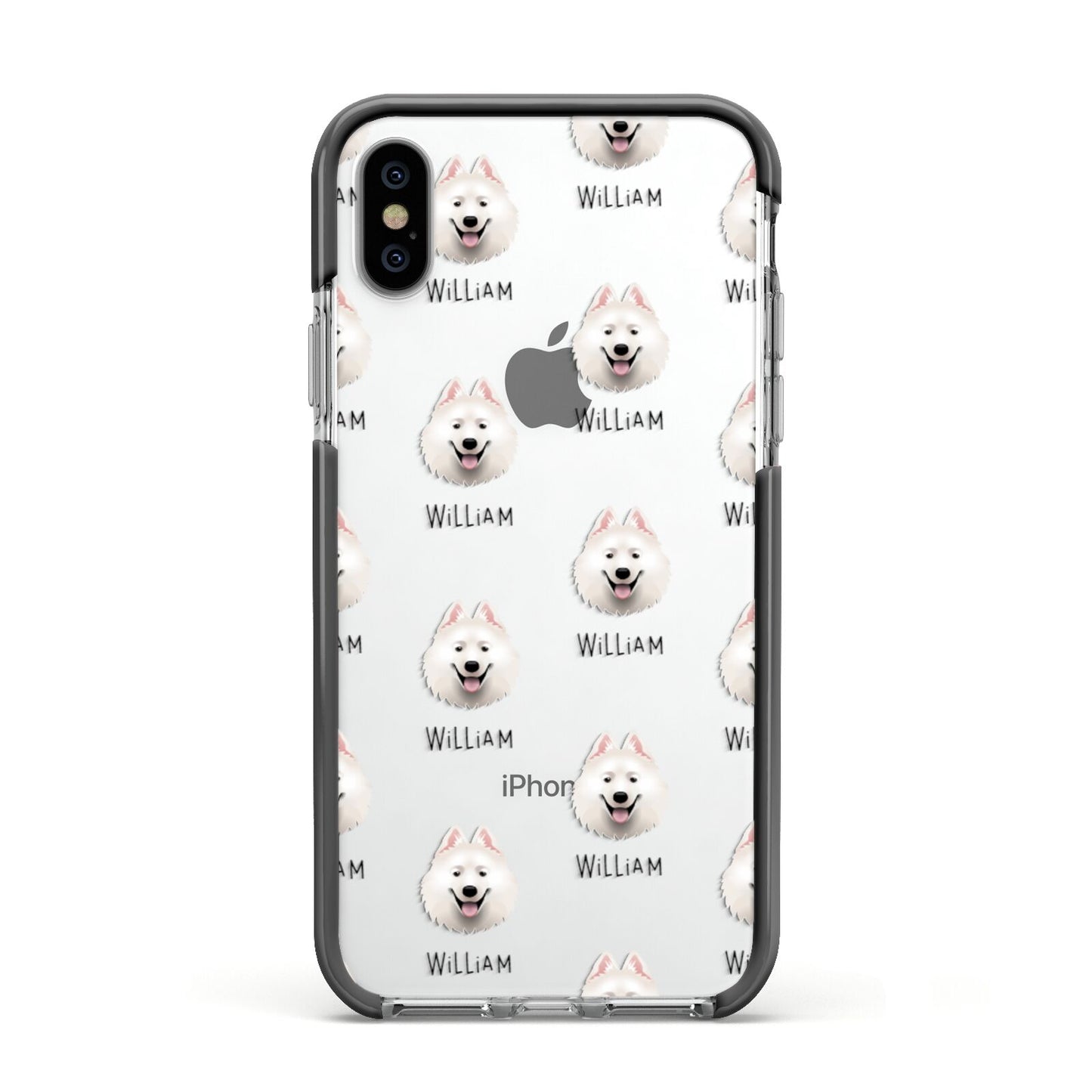 Samoyed Icon with Name Apple iPhone Xs Impact Case Black Edge on Silver Phone