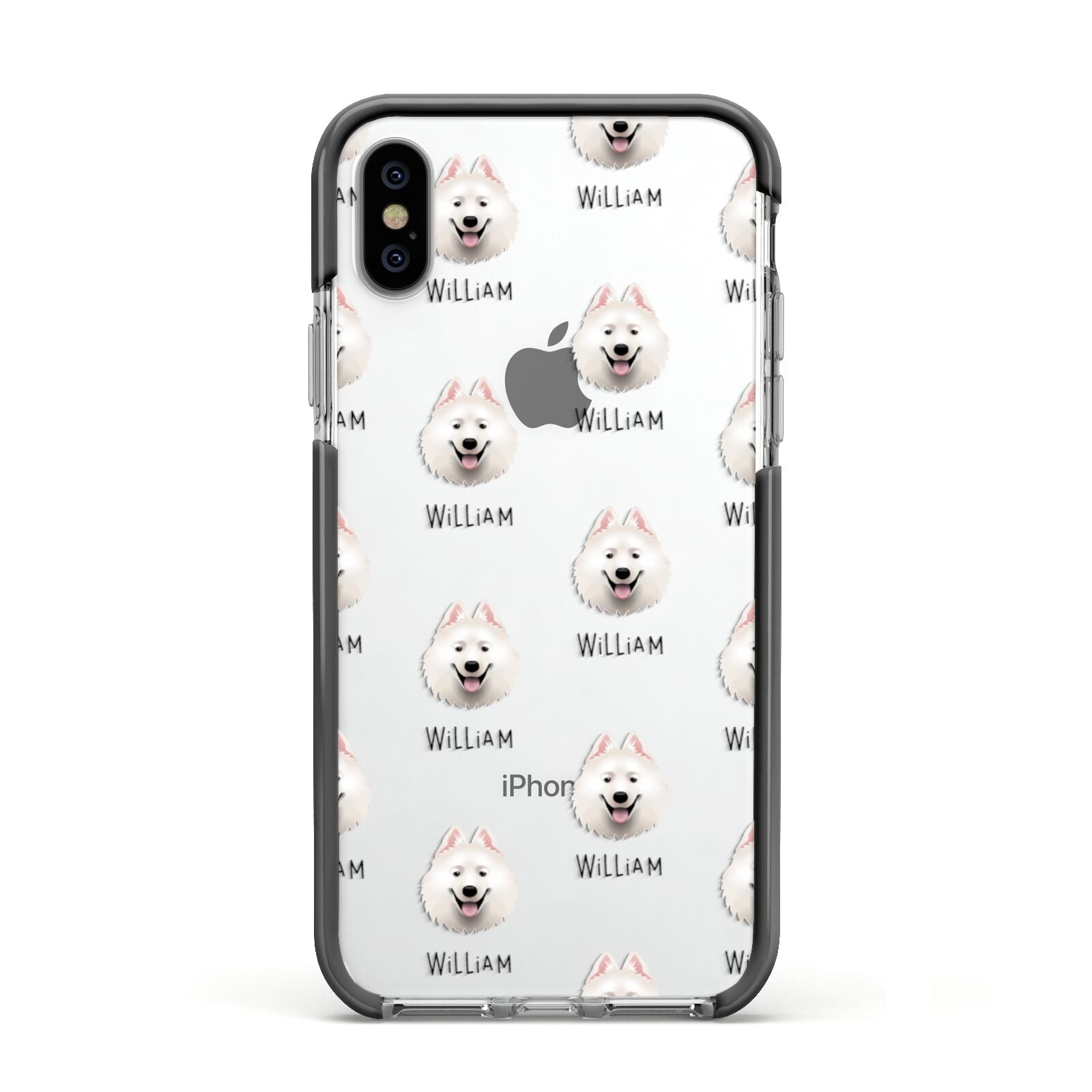 Samoyed Icon with Name Apple iPhone Xs Impact Case Black Edge on Silver Phone