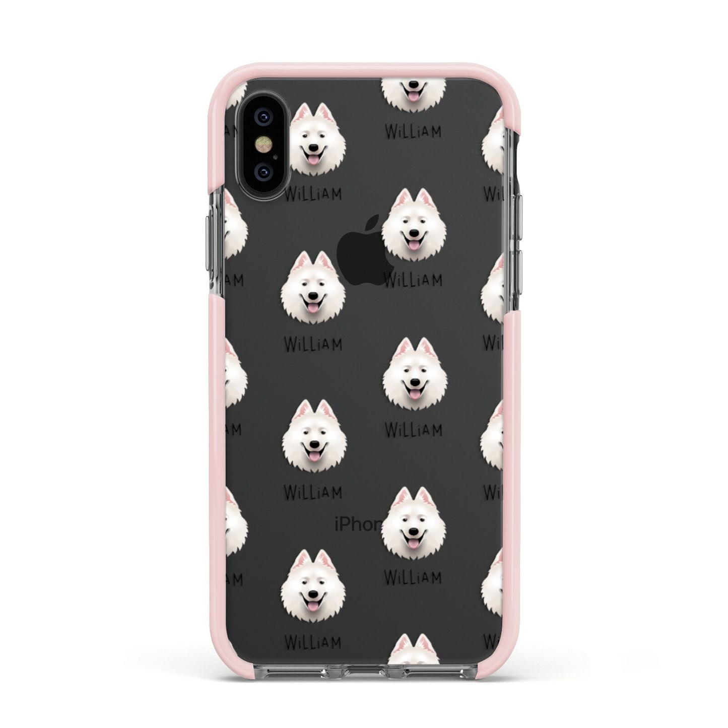 Samoyed Icon with Name Apple iPhone Xs Impact Case Pink Edge on Black Phone