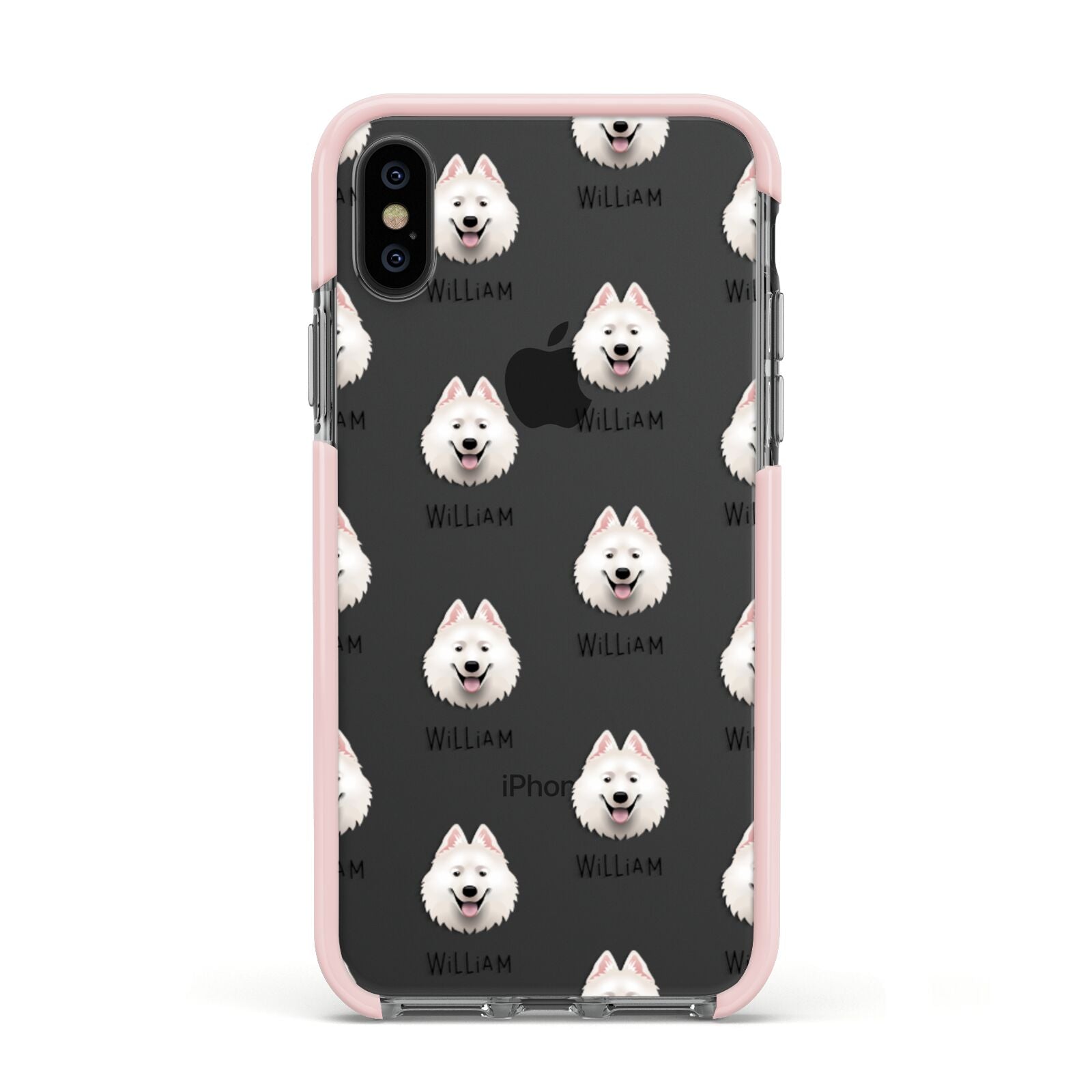 Samoyed Icon with Name Apple iPhone Xs Impact Case Pink Edge on Black Phone
