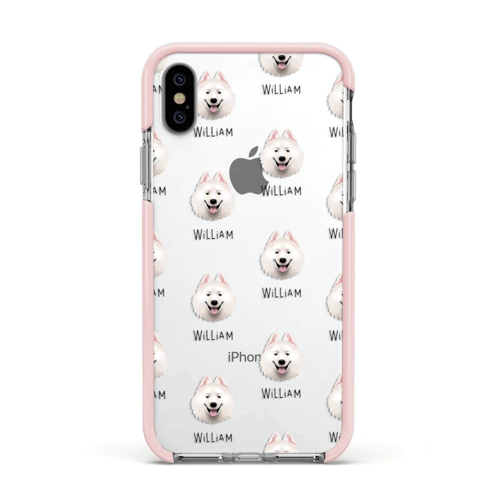 Samoyed Icon with Name Apple iPhone Xs Impact Case Pink Edge on Silver Phone