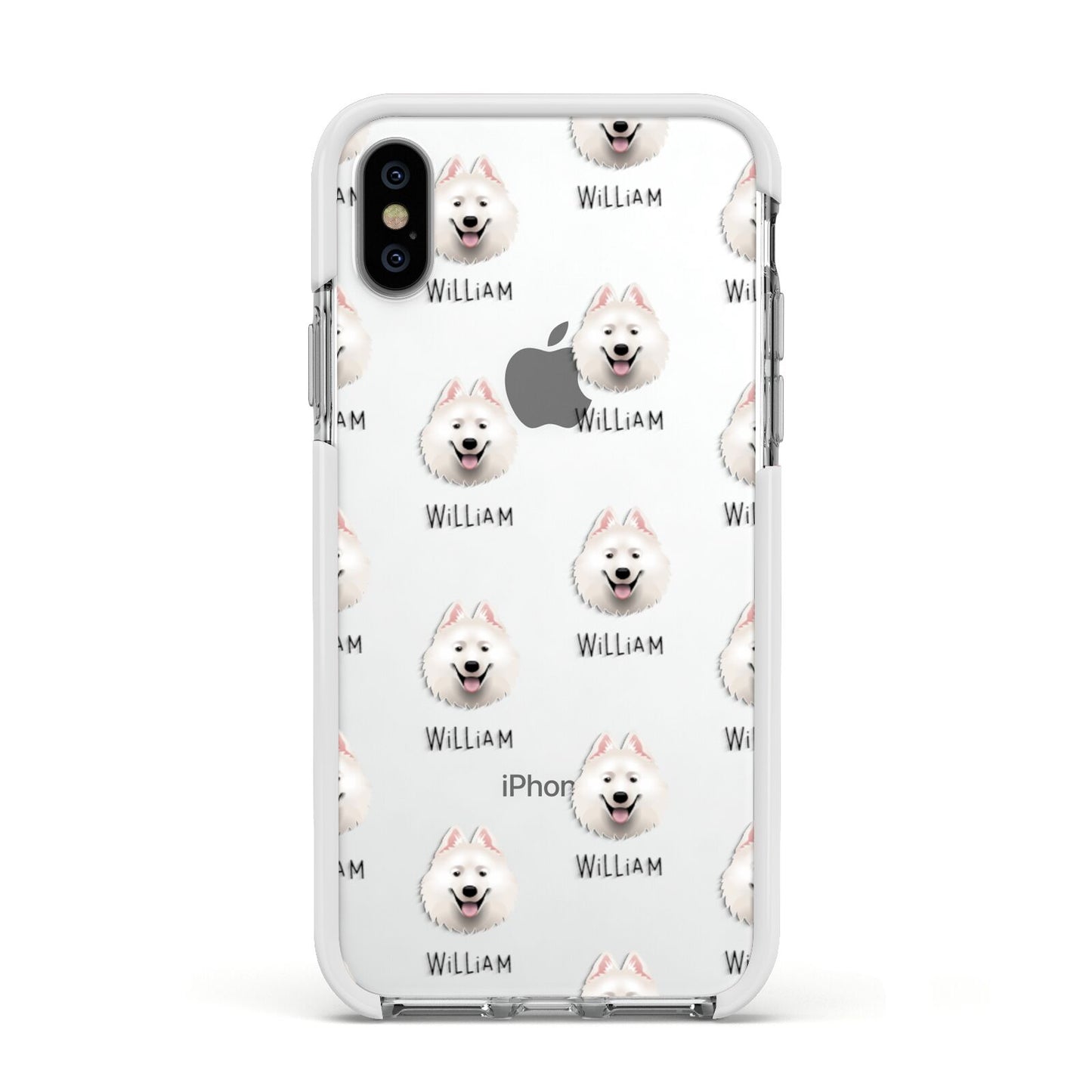 Samoyed Icon with Name Apple iPhone Xs Impact Case White Edge on Silver Phone