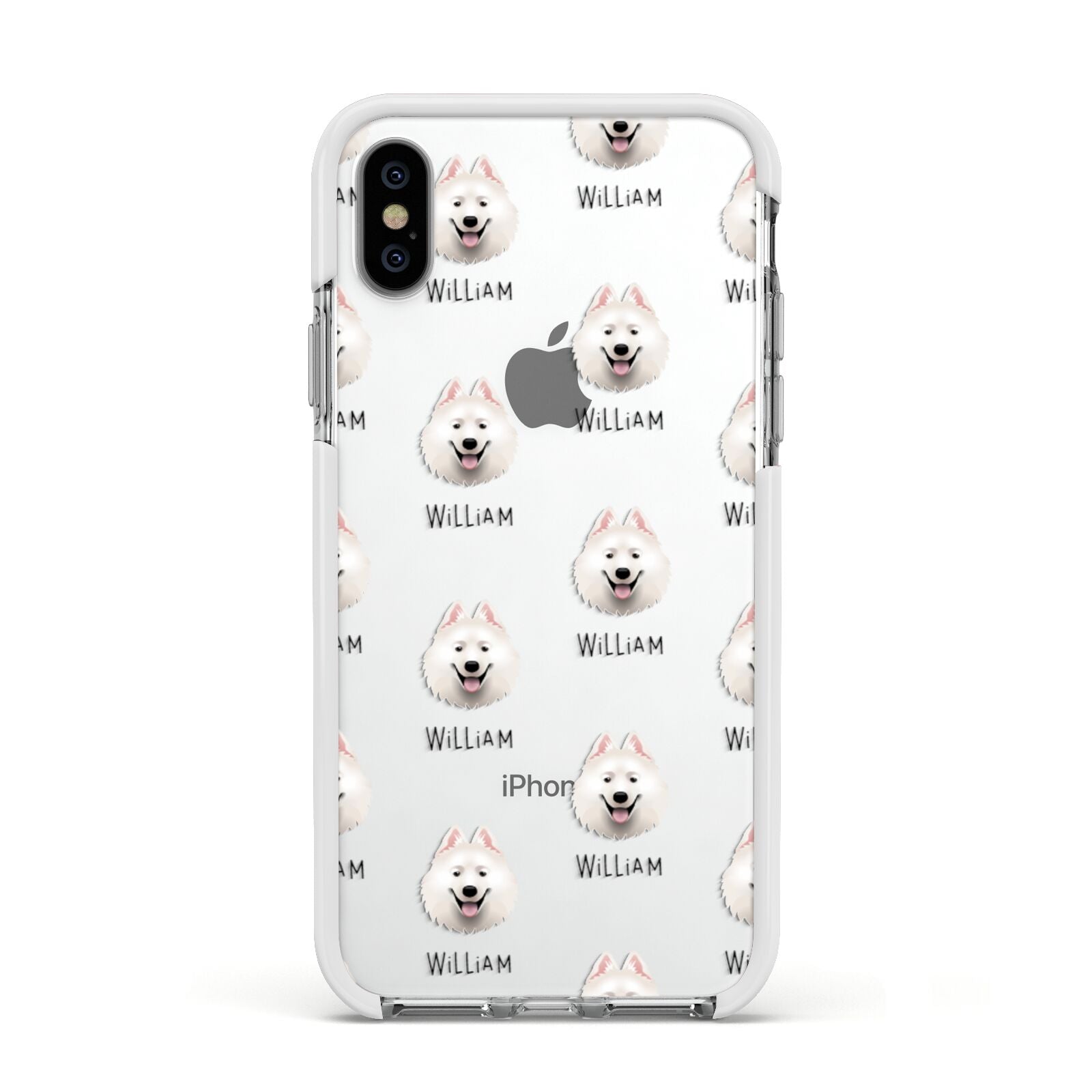 Samoyed Icon with Name Apple iPhone Xs Impact Case White Edge on Silver Phone