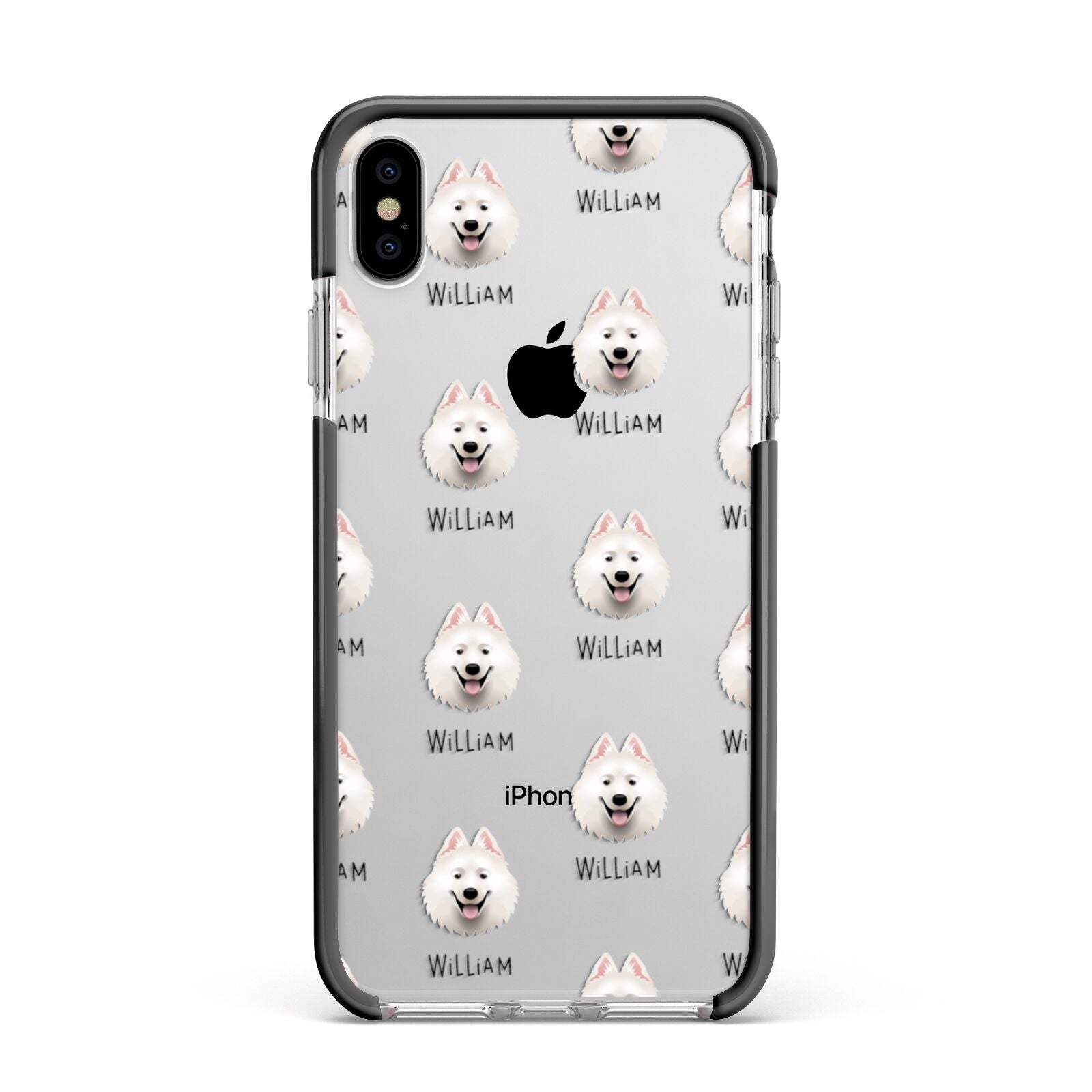 Samoyed Icon with Name Apple iPhone Xs Max Impact Case Black Edge on Silver Phone