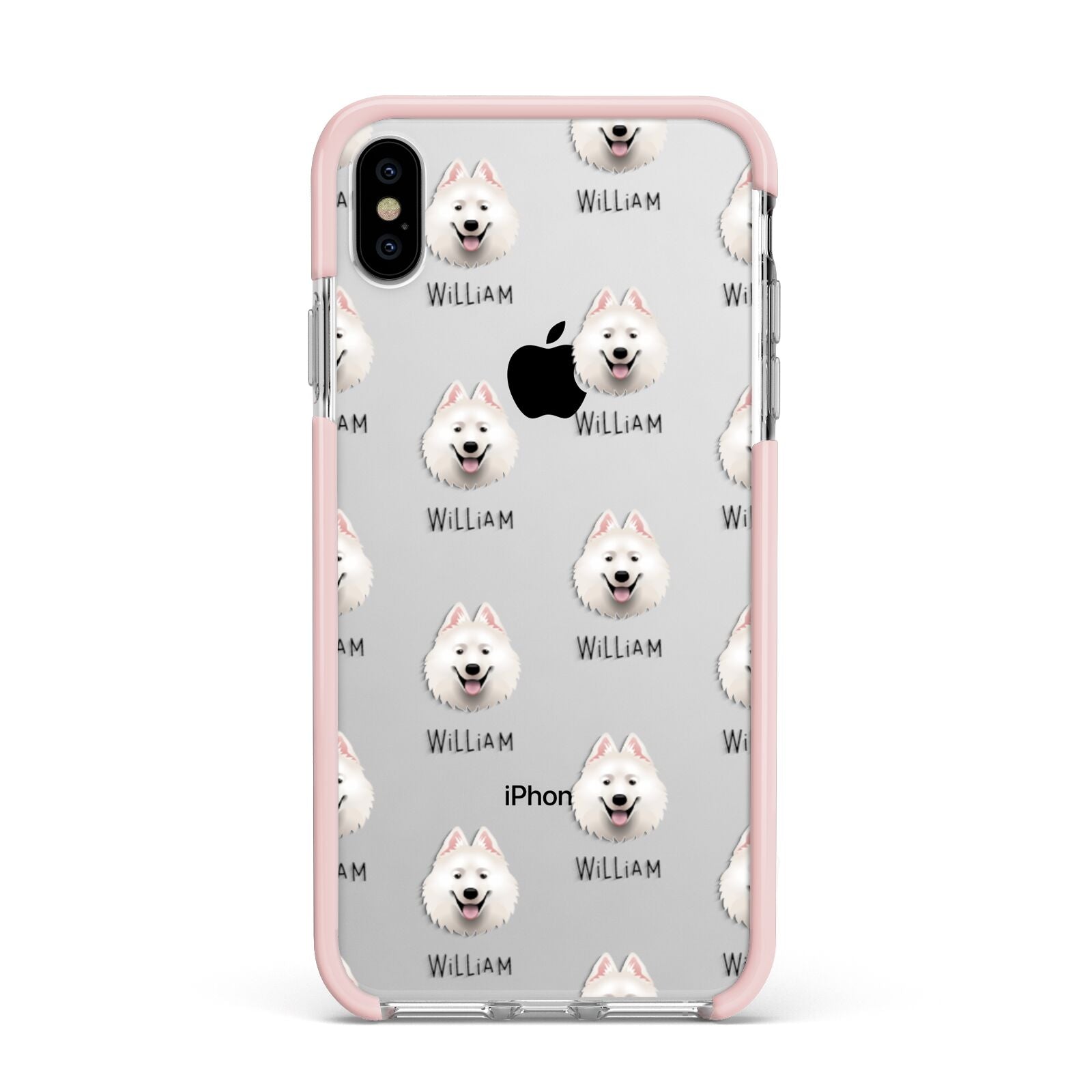 Samoyed Icon with Name Apple iPhone Xs Max Impact Case Pink Edge on Silver Phone