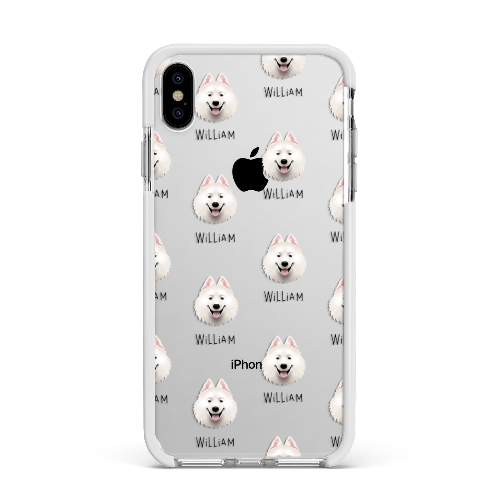 Samoyed Icon with Name Apple iPhone Xs Max Impact Case White Edge on Silver Phone