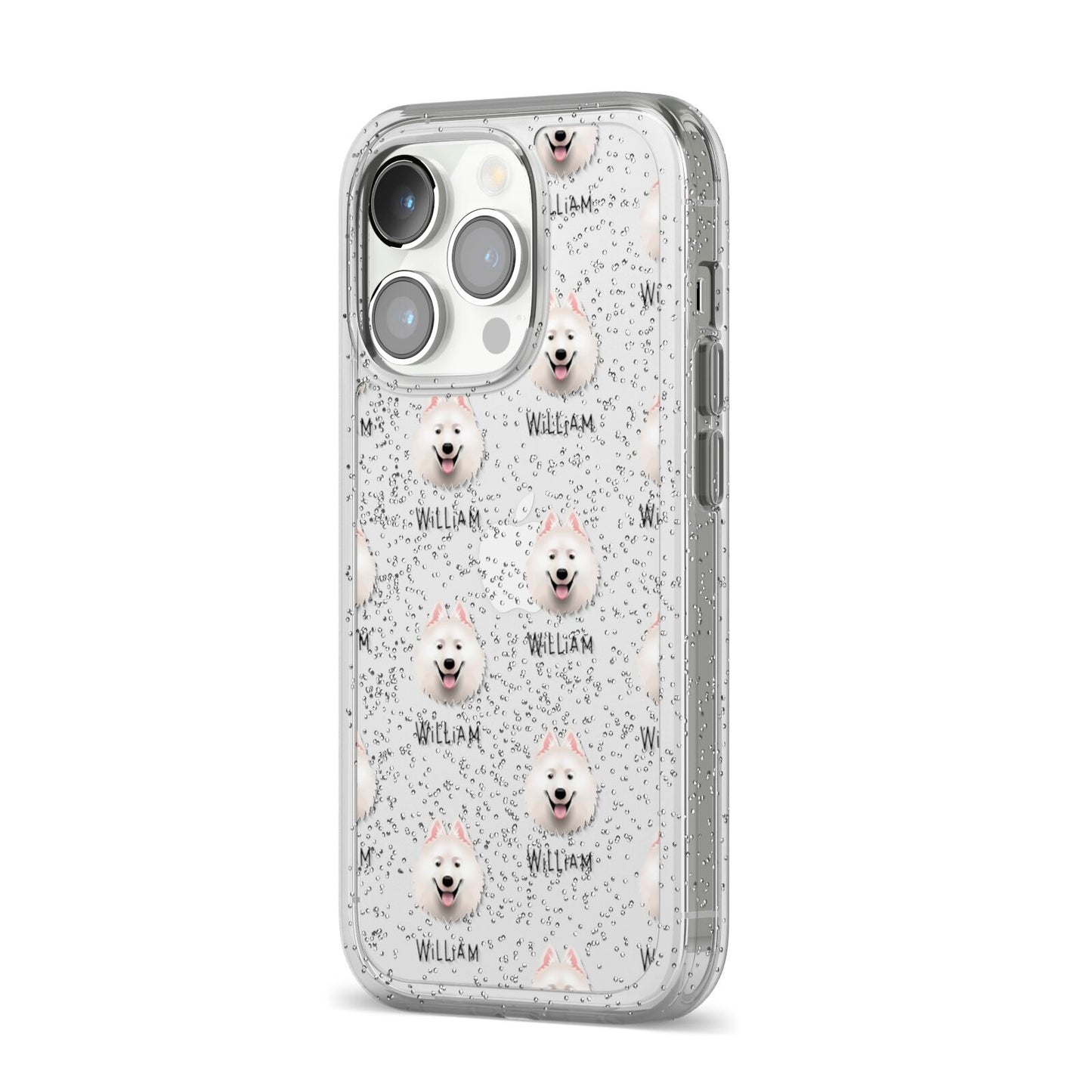Samoyed Icon with Name iPhone 14 Pro Glitter Tough Case Silver Angled Image