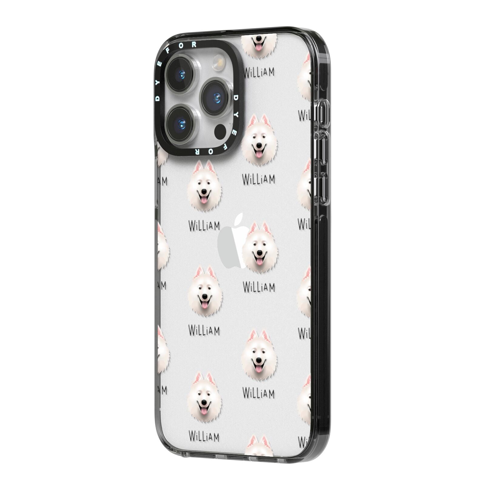 Samoyed Icon with Name iPhone 14 Pro Max Black Impact Case Side Angle on Silver phone