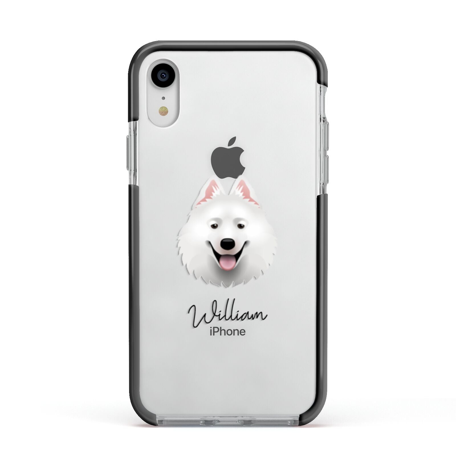 Samoyed Personalised Apple iPhone XR Impact Case Black Edge on Silver Phone