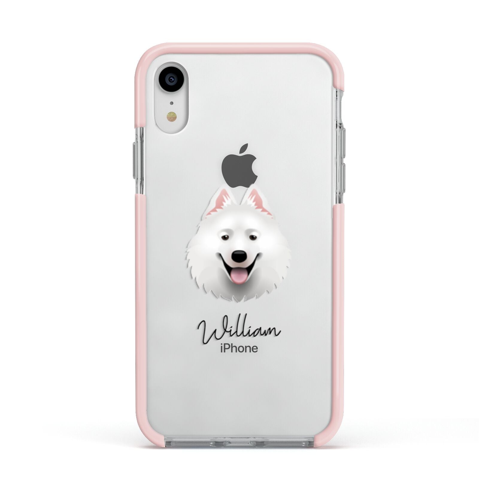 Samoyed Personalised Apple iPhone XR Impact Case Pink Edge on Silver Phone