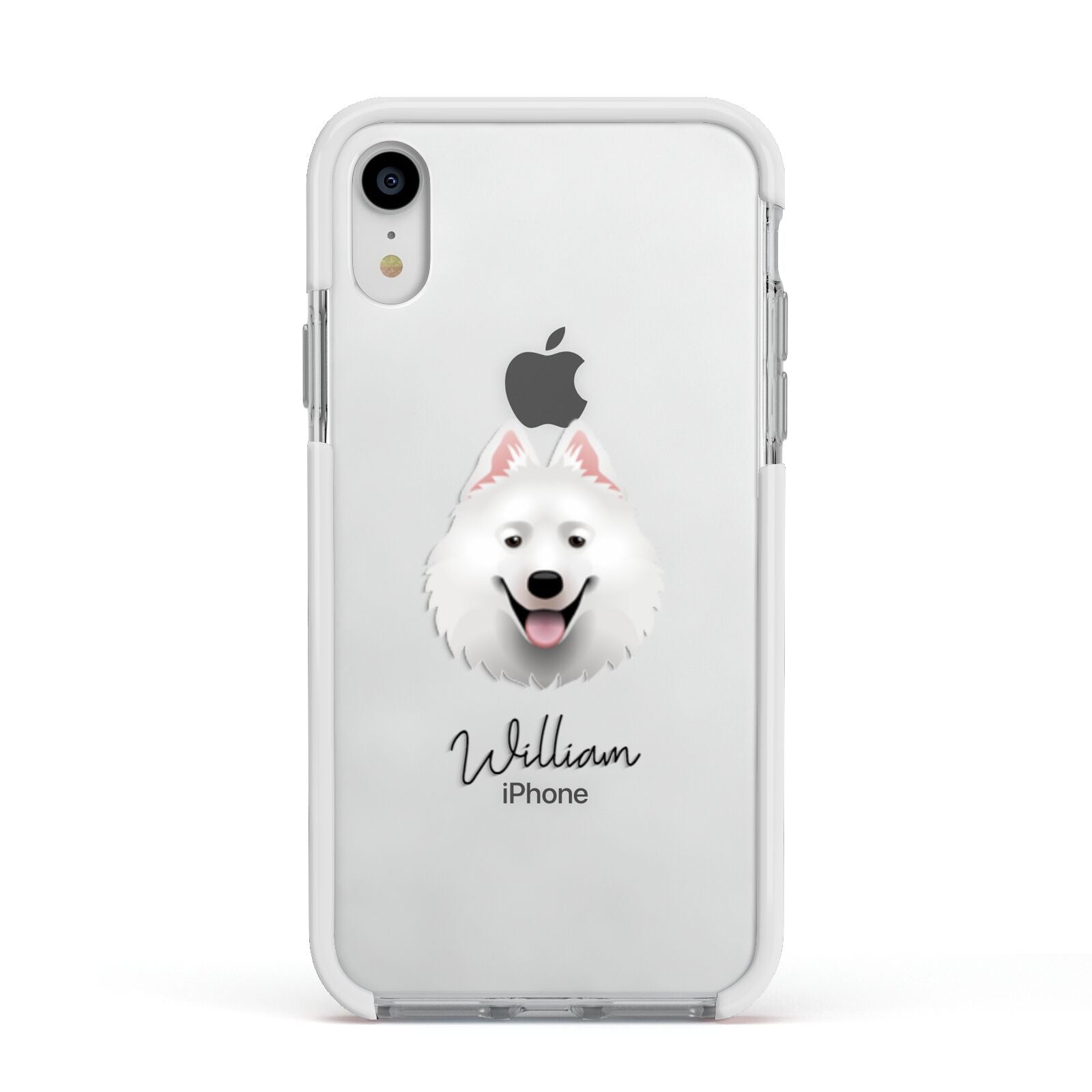 Samoyed Personalised Apple iPhone XR Impact Case White Edge on Silver Phone