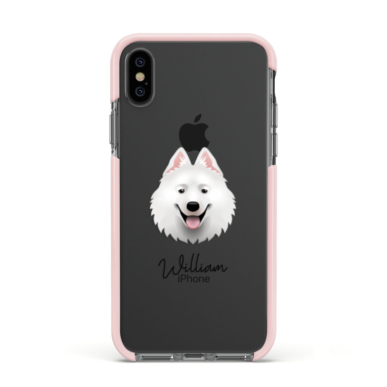 Samoyed Personalised Apple iPhone Xs Impact Case Pink Edge on Black Phone
