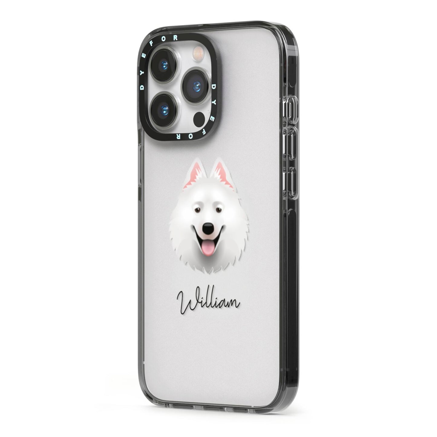 Samoyed Personalised iPhone 13 Pro Black Impact Case Side Angle on Silver phone