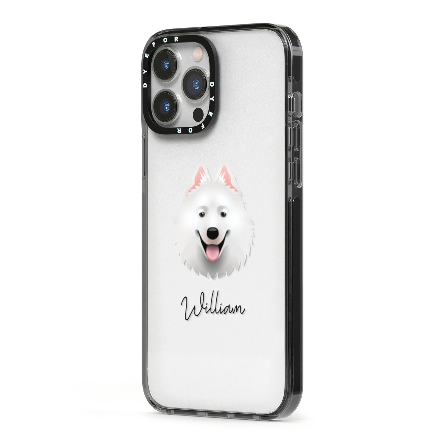 Samoyed Personalised iPhone 13 Pro Max Black Impact Case Side Angle on Silver phone