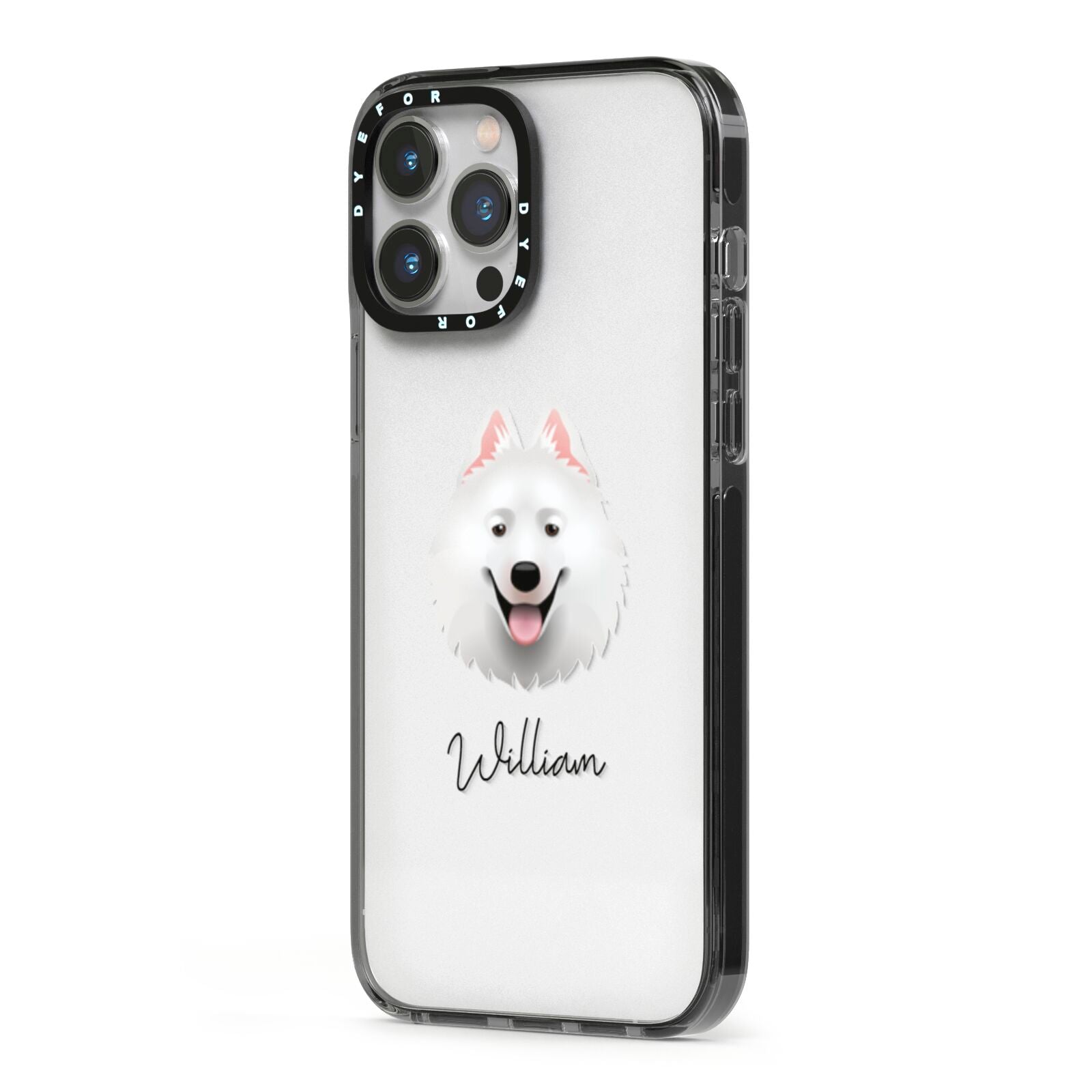 Samoyed Personalised iPhone 13 Pro Max Black Impact Case Side Angle on Silver phone