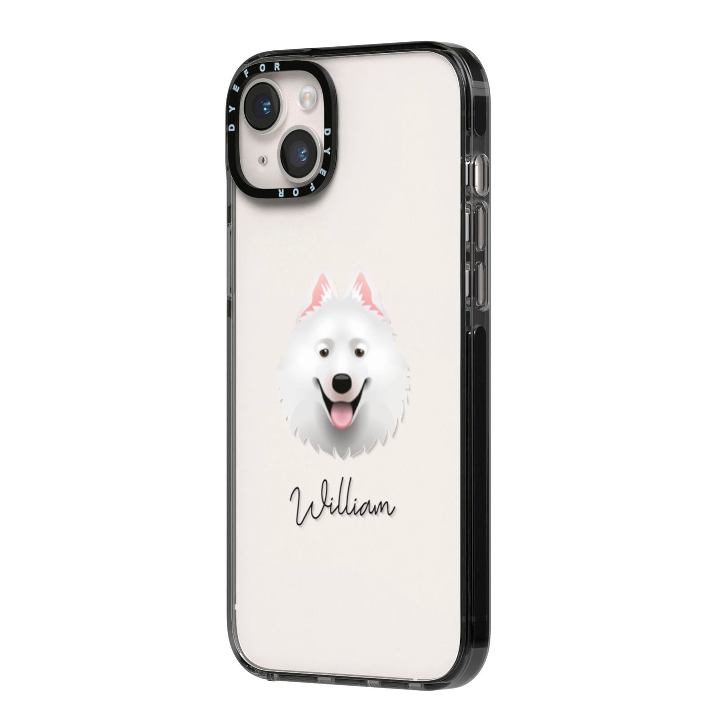 Samoyed Personalised iPhone 14 Plus Black Impact Case Side Angle on Silver phone
