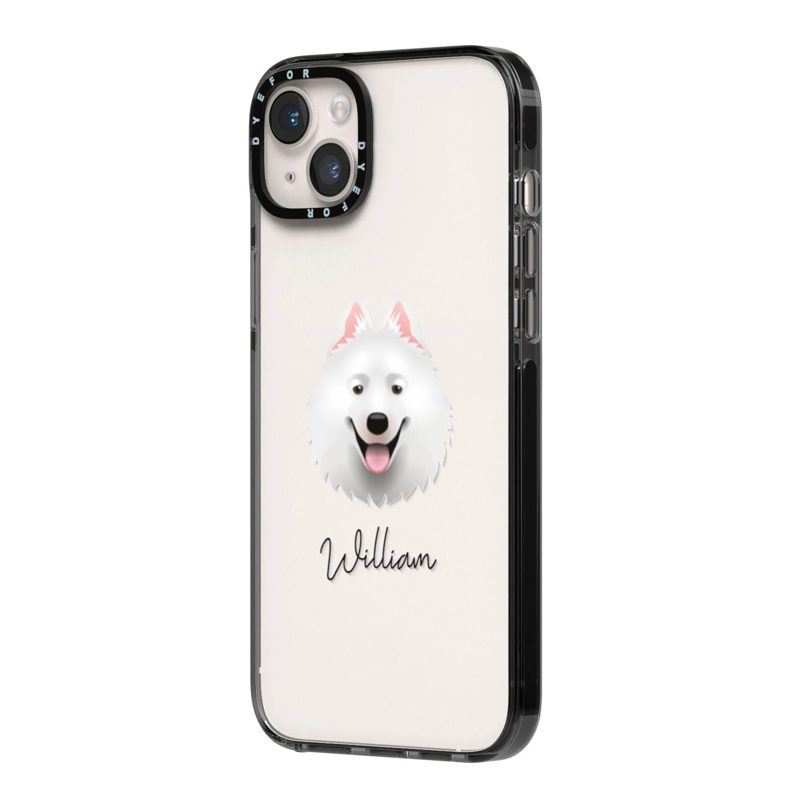 Samoyed Personalised iPhone 14 Plus Black Impact Case Side Angle on Silver phone