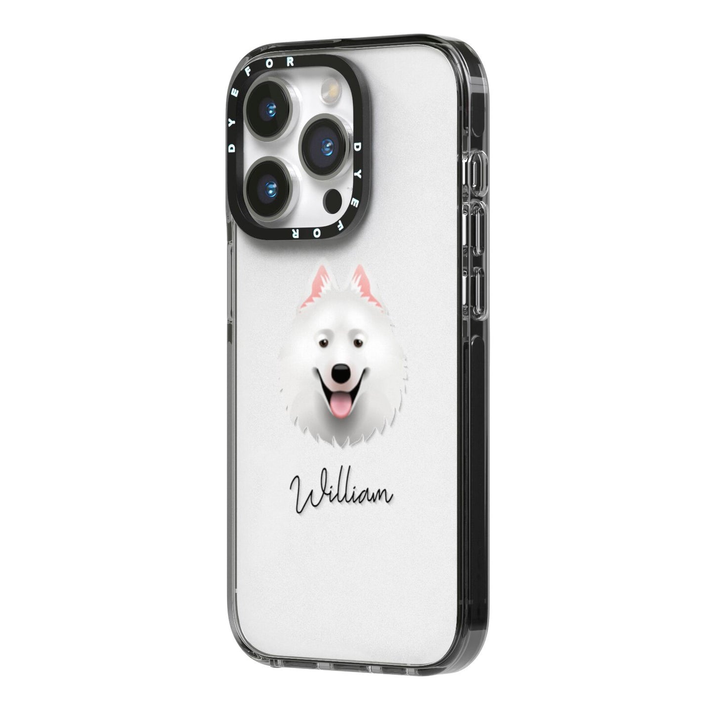 Samoyed Personalised iPhone 14 Pro Black Impact Case Side Angle on Silver phone