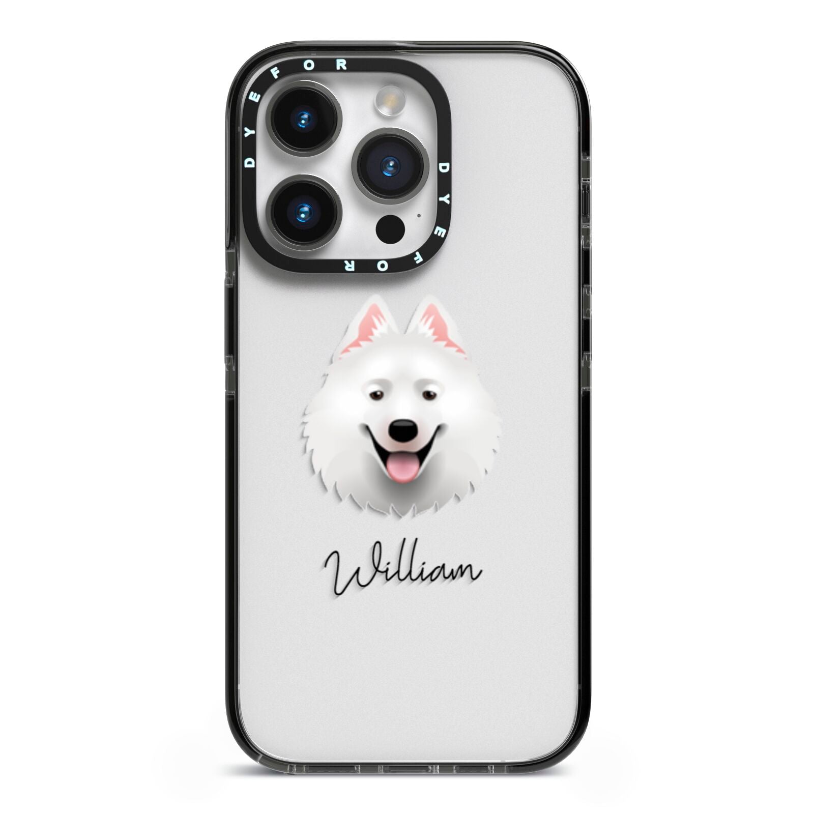 Samoyed Personalised iPhone 14 Pro Black Impact Case on Silver phone