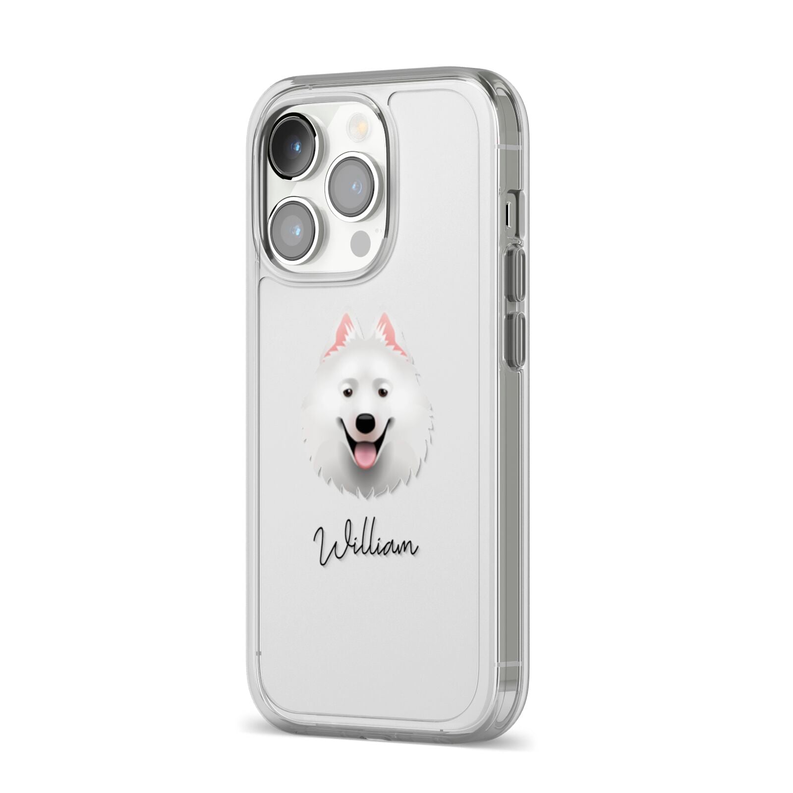 Samoyed Personalised iPhone 14 Pro Clear Tough Case Silver Angled Image