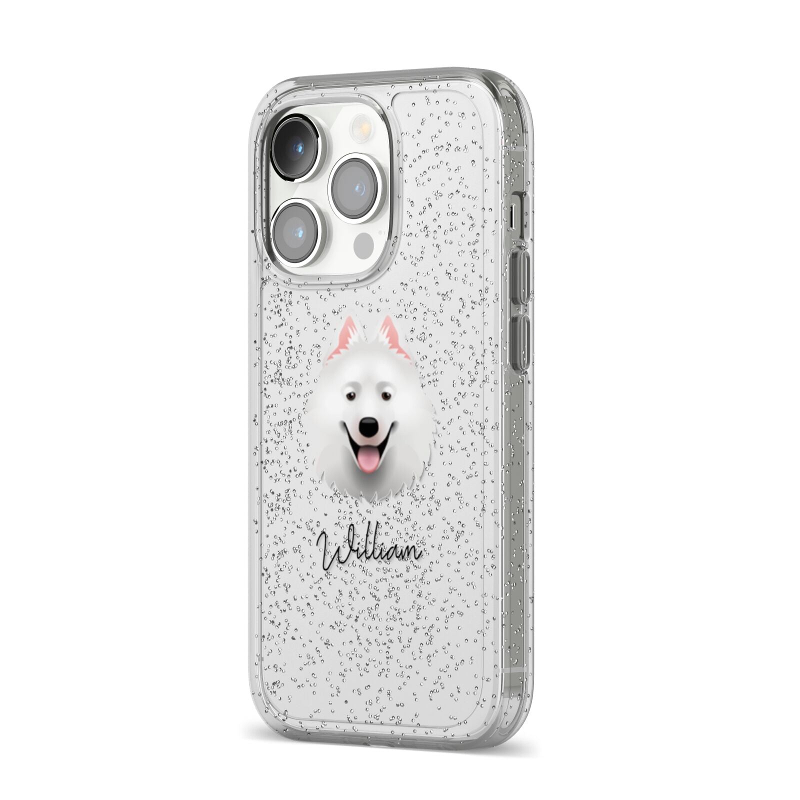 Samoyed Personalised iPhone 14 Pro Glitter Tough Case Silver Angled Image