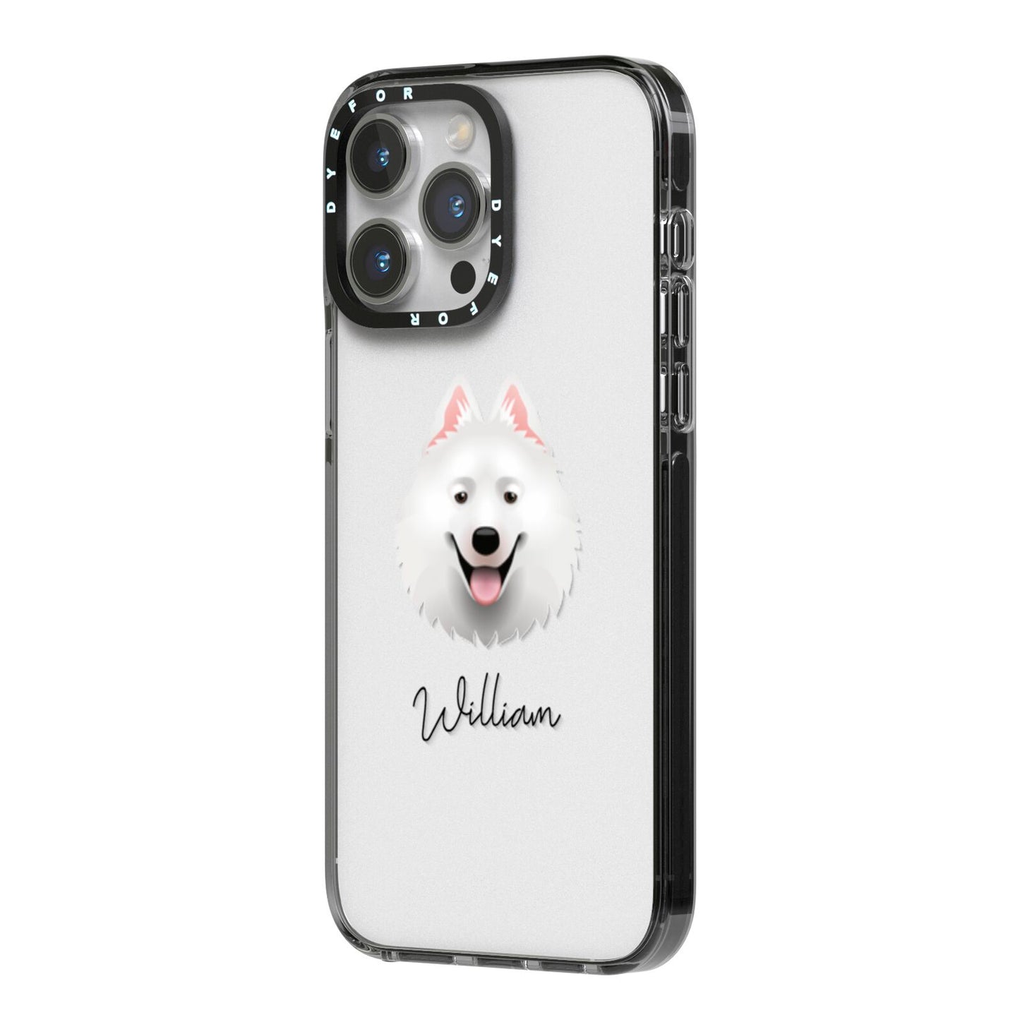 Samoyed Personalised iPhone 14 Pro Max Black Impact Case Side Angle on Silver phone