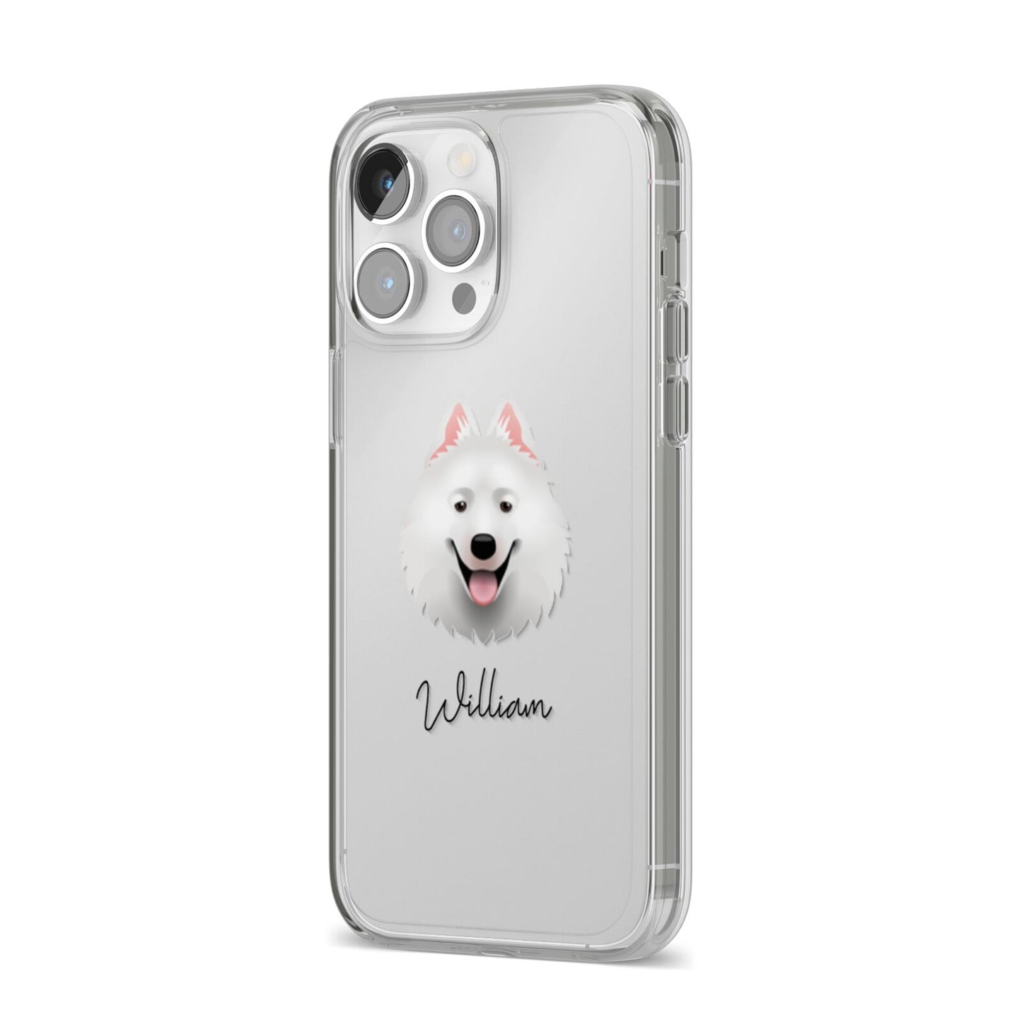 Samoyed Personalised iPhone 14 Pro Max Clear Tough Case Silver Angled Image