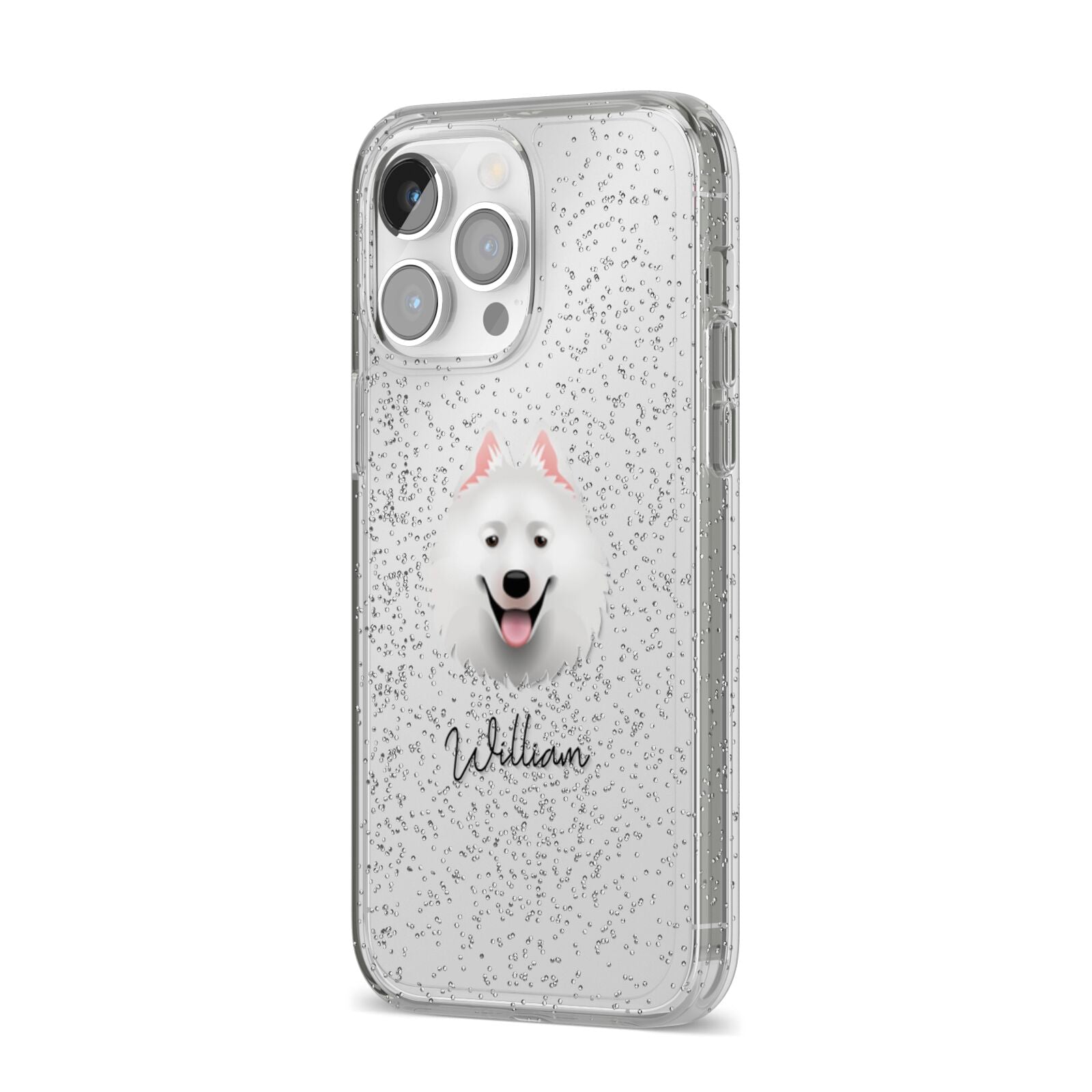 Samoyed Personalised iPhone 14 Pro Max Glitter Tough Case Silver Angled Image