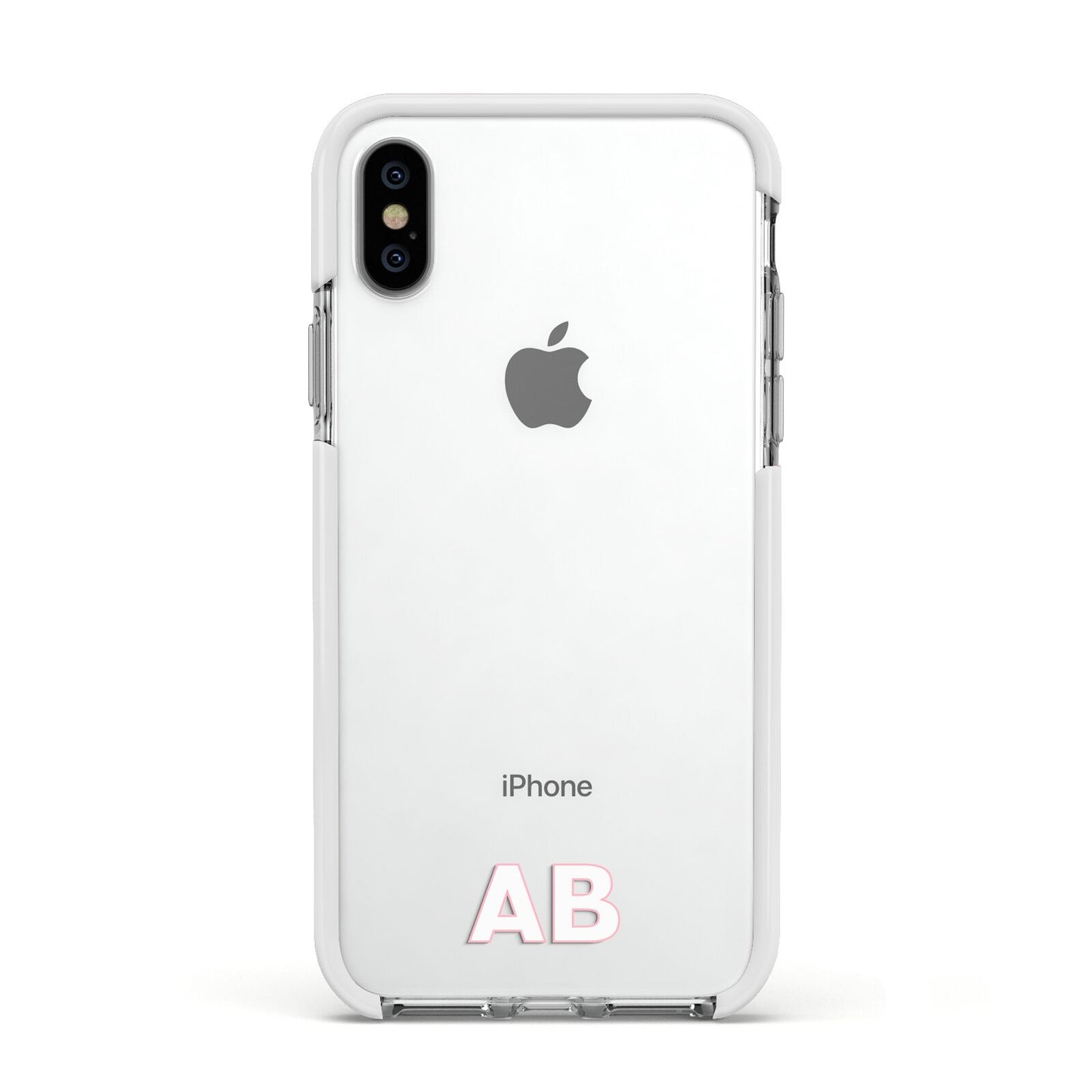 Sans Serif Initials Apple iPhone Xs Impact Case White Edge on Silver Phone