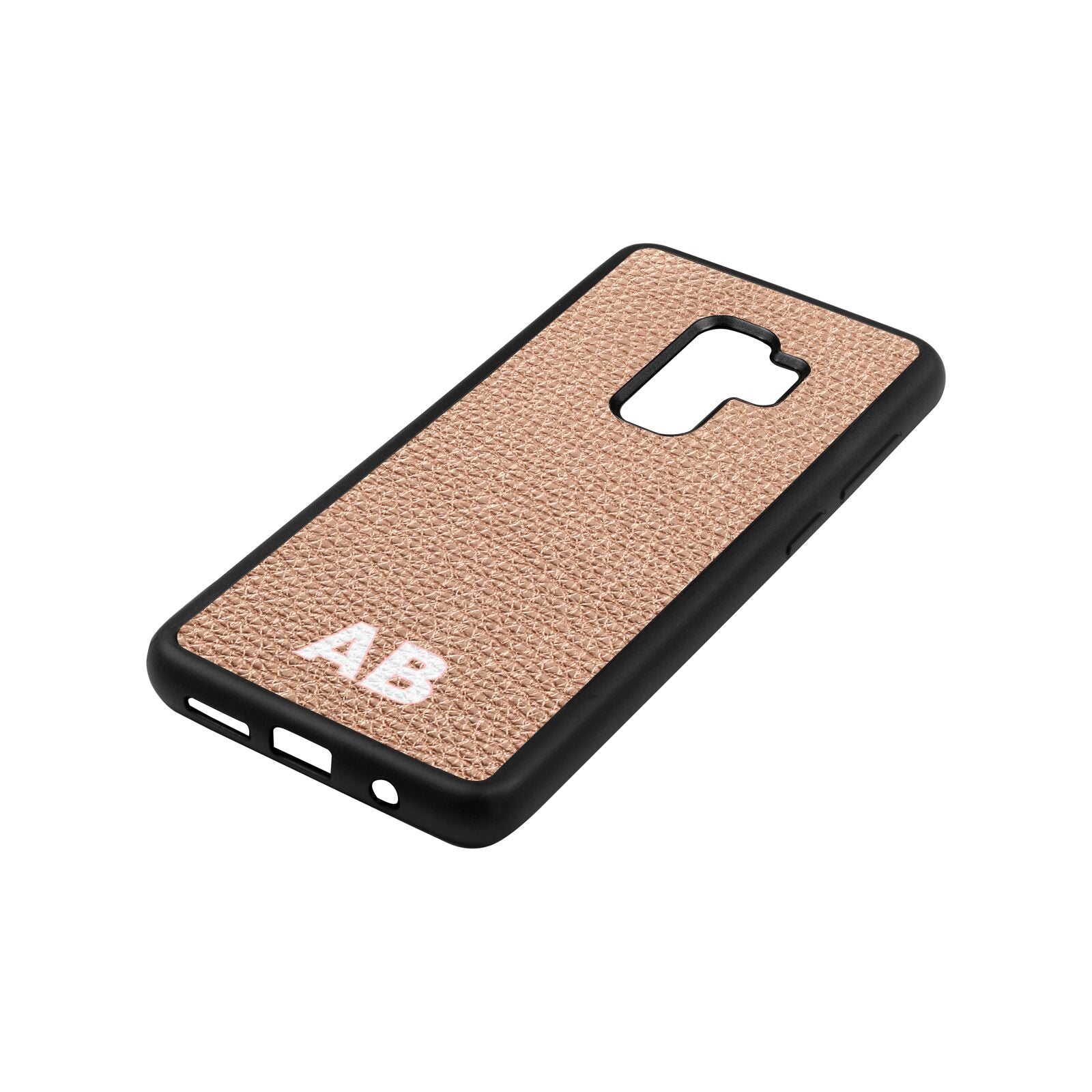 Sans Serif Initials Rose Gold Pebble Leather Samsung S9 Plus Case Side Angle