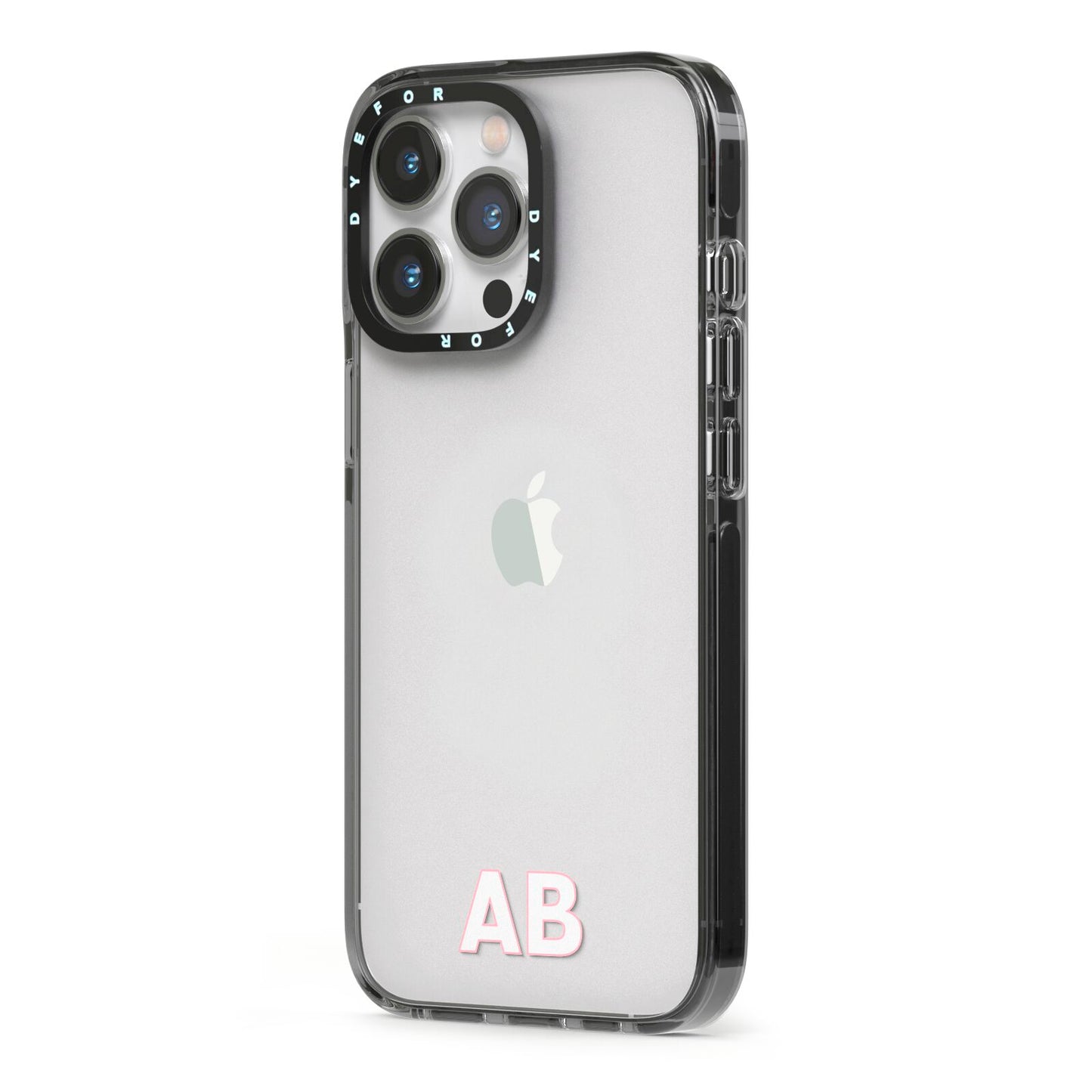 Sans Serif Initials iPhone 13 Pro Black Impact Case Side Angle on Silver phone