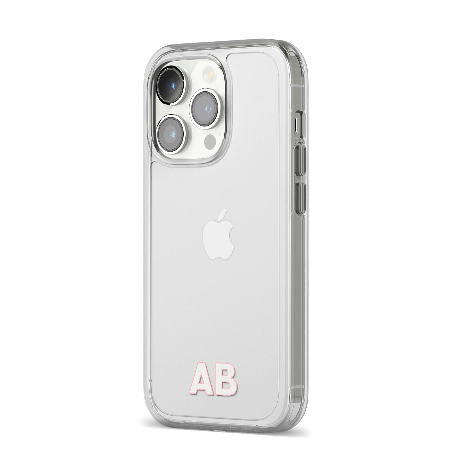 Sans Serif Initials iPhone 14 Pro Clear Tough Case Silver Angled Image