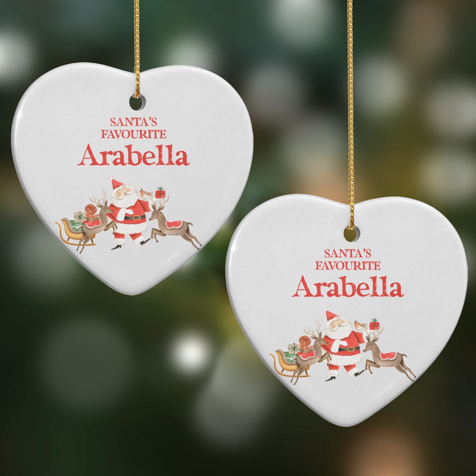 Santas Favourite Personalised Name Heart Decoration on Christmas Background