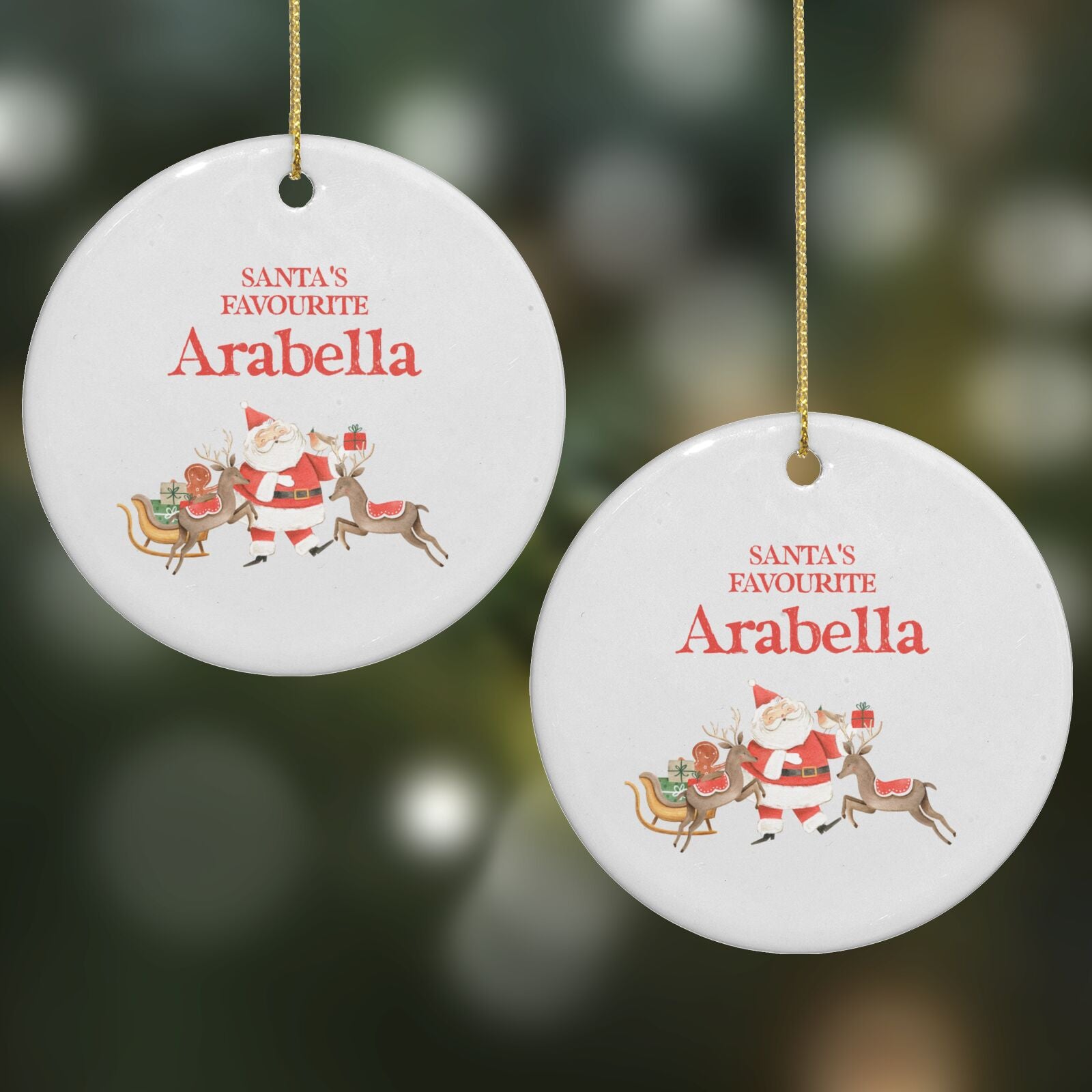 Santas Favourite Personalised Name Round Decoration on Christmas Background