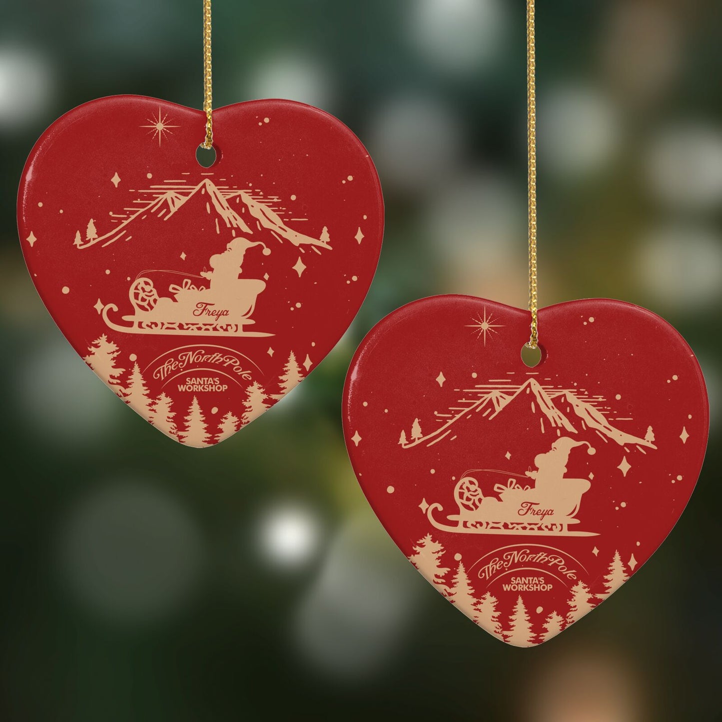 Santas Workshop Personalised Heart Decoration on Christmas Background