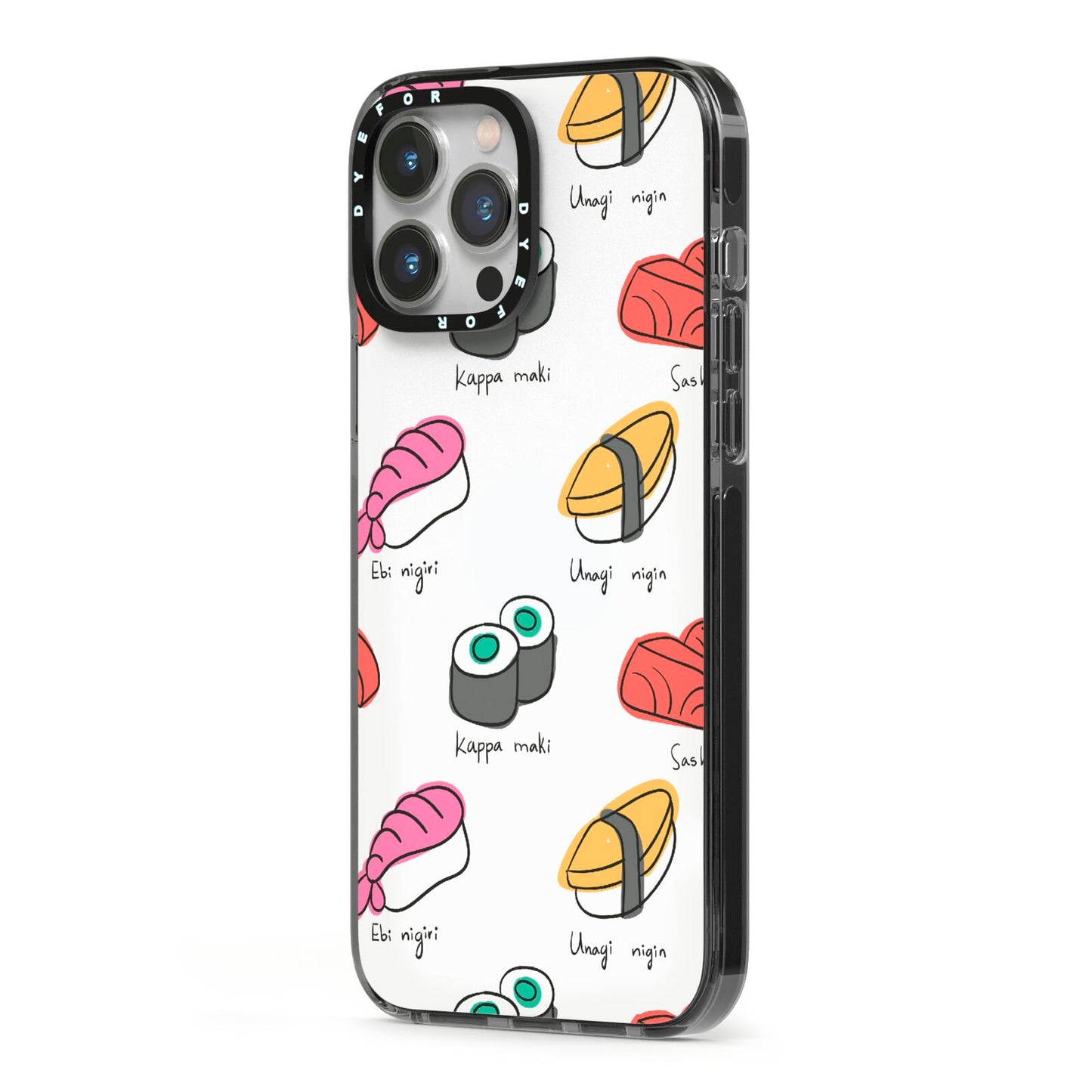 Sashimi Kappa Maki Sushi iPhone 13 Pro Max Black Impact Case Side Angle on Silver phone