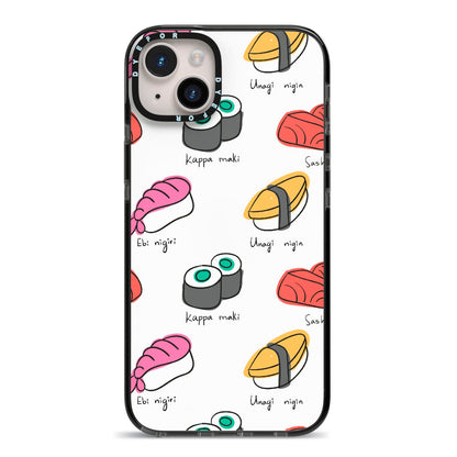 Sashimi Kappa Maki Sushi iPhone 14 Plus Black Impact Case on Silver phone