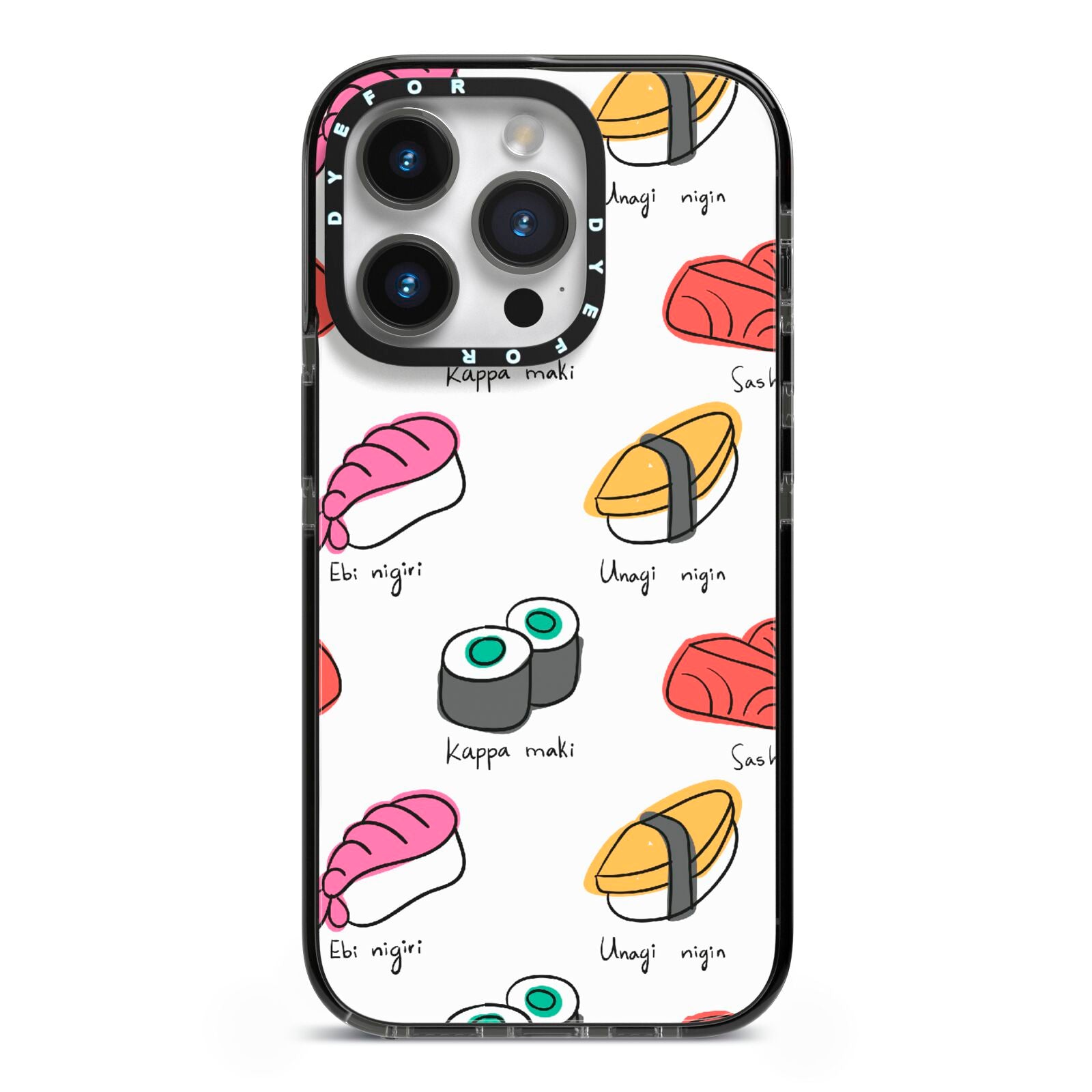 Sashimi Kappa Maki Sushi iPhone 14 Pro Black Impact Case on Silver phone