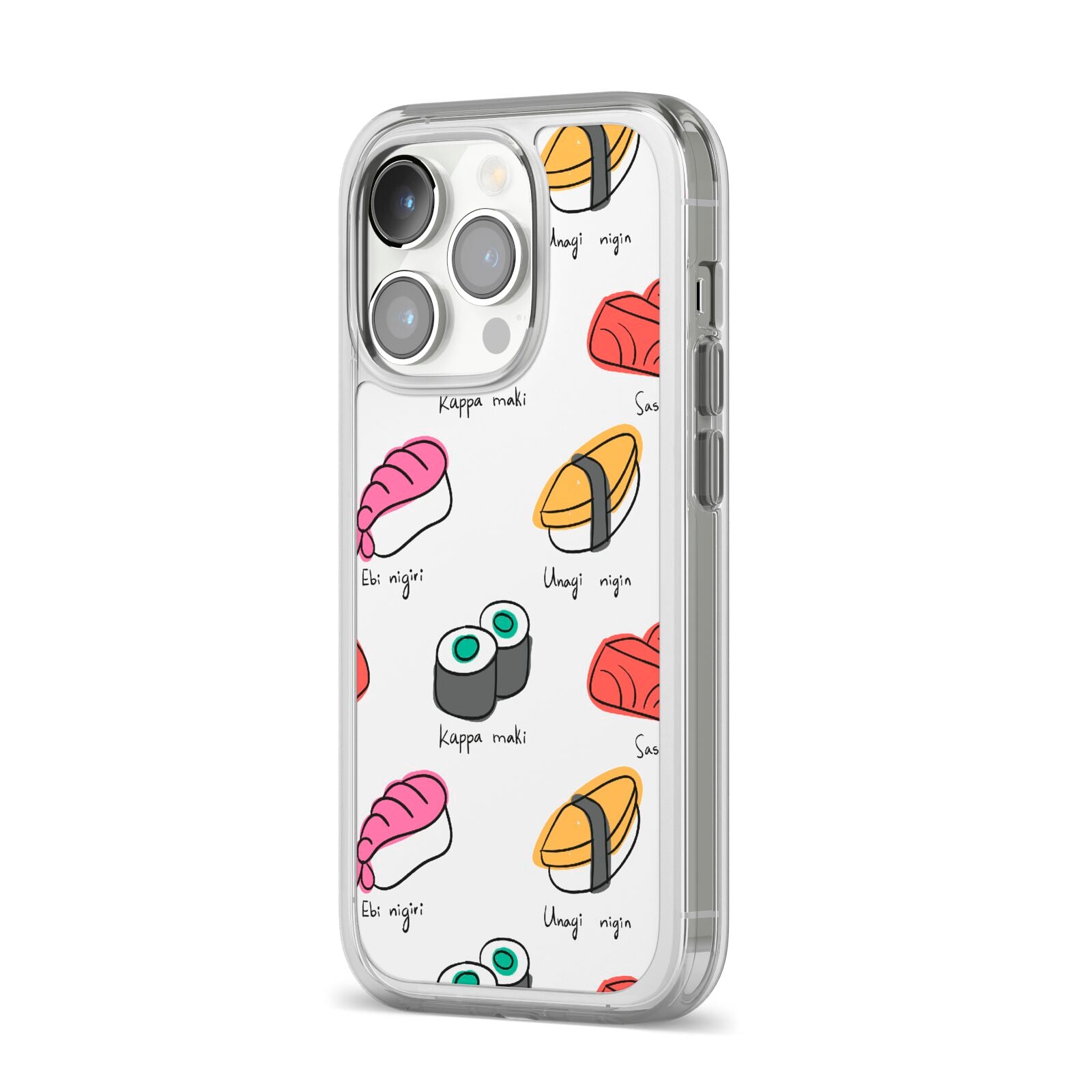 Sashimi Kappa Maki Sushi iPhone 14 Pro Clear Tough Case Silver Angled Image
