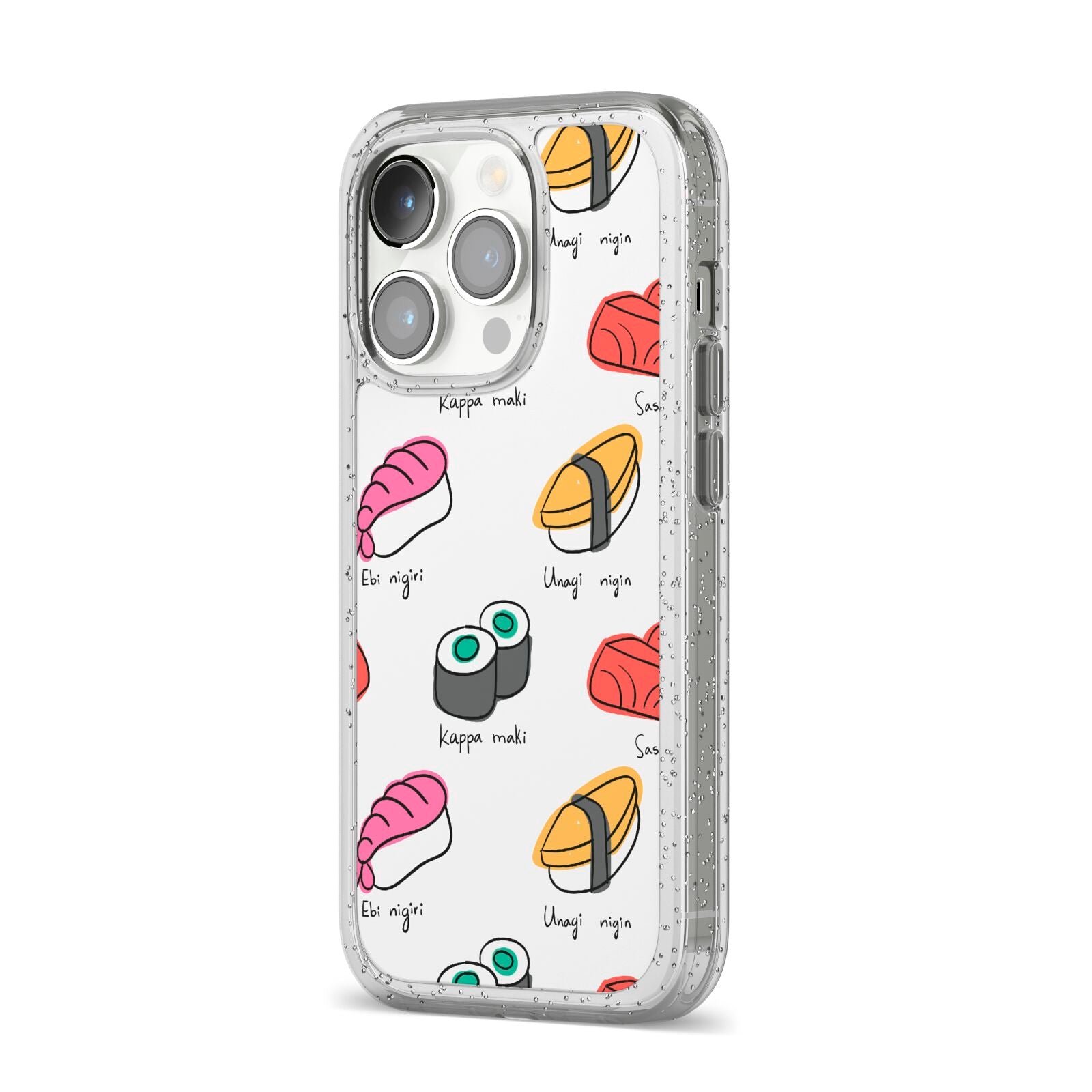Sashimi Kappa Maki Sushi iPhone 14 Pro Glitter Tough Case Silver Angled Image