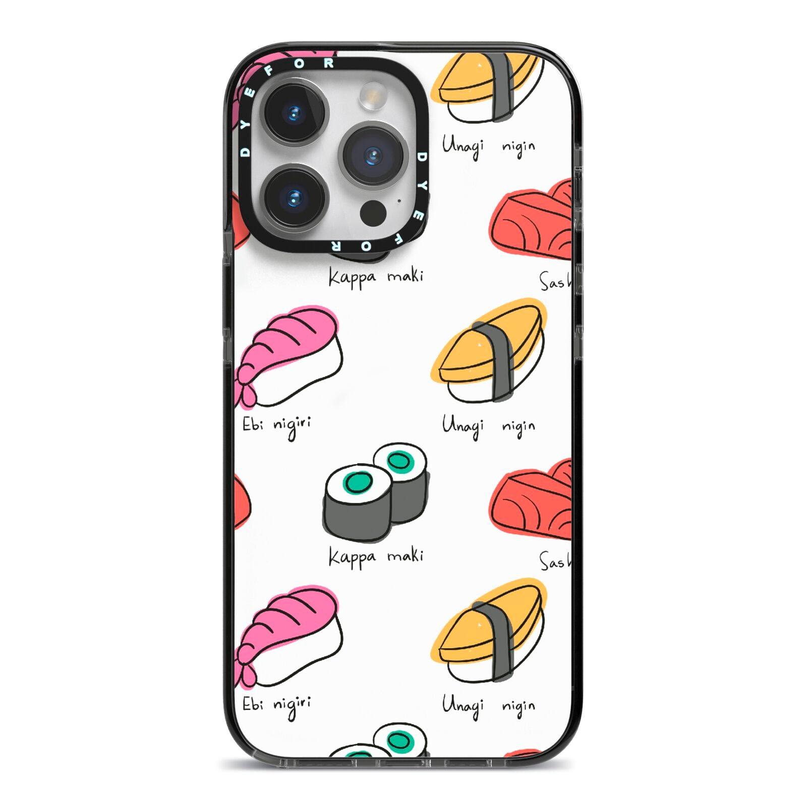 Sashimi Kappa Maki Sushi iPhone 14 Pro Max Black Impact Case on Silver phone